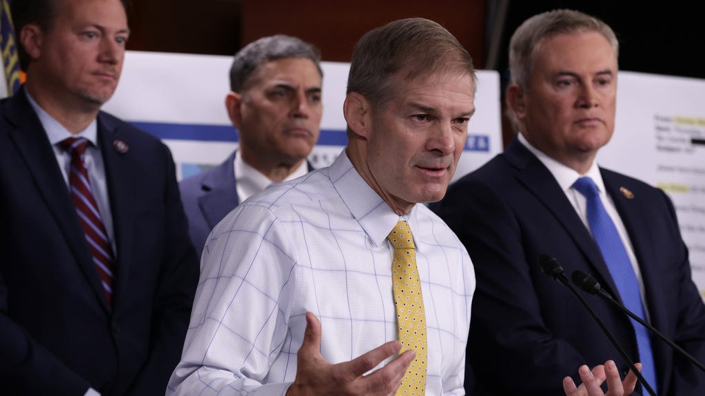 Flanked by House Republicans, U.S. Rep. Jim Jordan, R-Ohio speaks during a news conference at the U.S. Capitol on November 17, 2022 in Washington, DC. House Republicans held a news conference to discuss "the Biden family's business dealings."