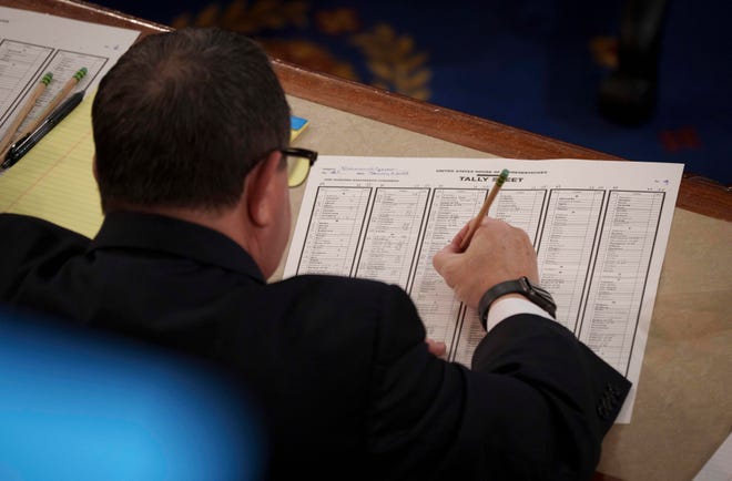 House Tally Sheet tabulating votes for the second members vote for House Leadership on the first day of the 118th session of Congress begins on Jan. 3, 2023.  Republicans take over the U.S. House of Representatives with a slim majority and Democrats maintain a majority in the U.S. Senate.