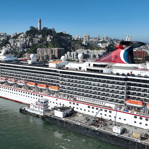 In an aerial view, the Carnival Miracle cruise shi