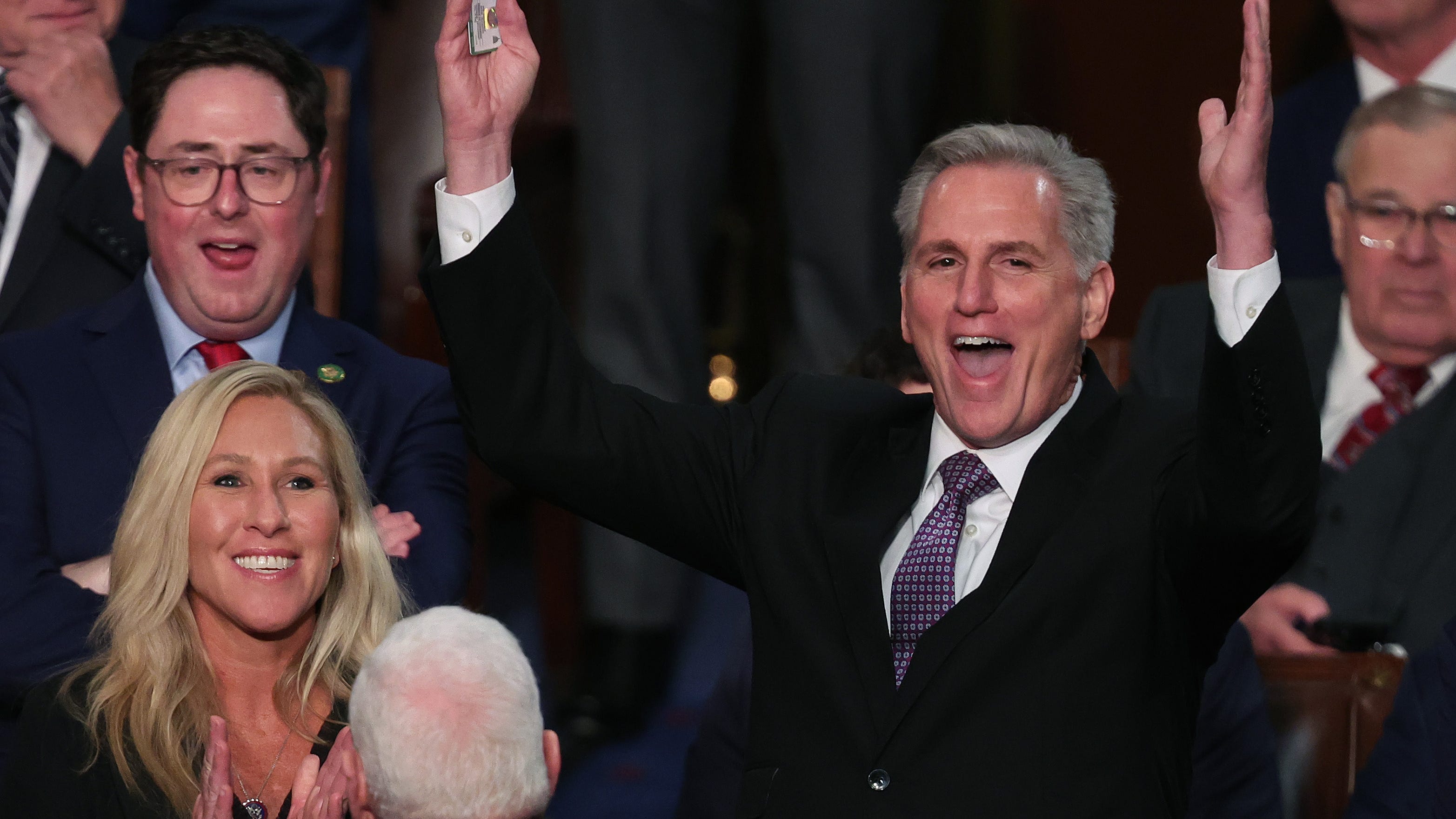 House Republican leader Kevin McCarthy (R-CA) reacts during a vote to adjourn following a day of votes for the new Speaker of the House at the U.S. Capitol on Jan 4, 2023, in Washington, DC.