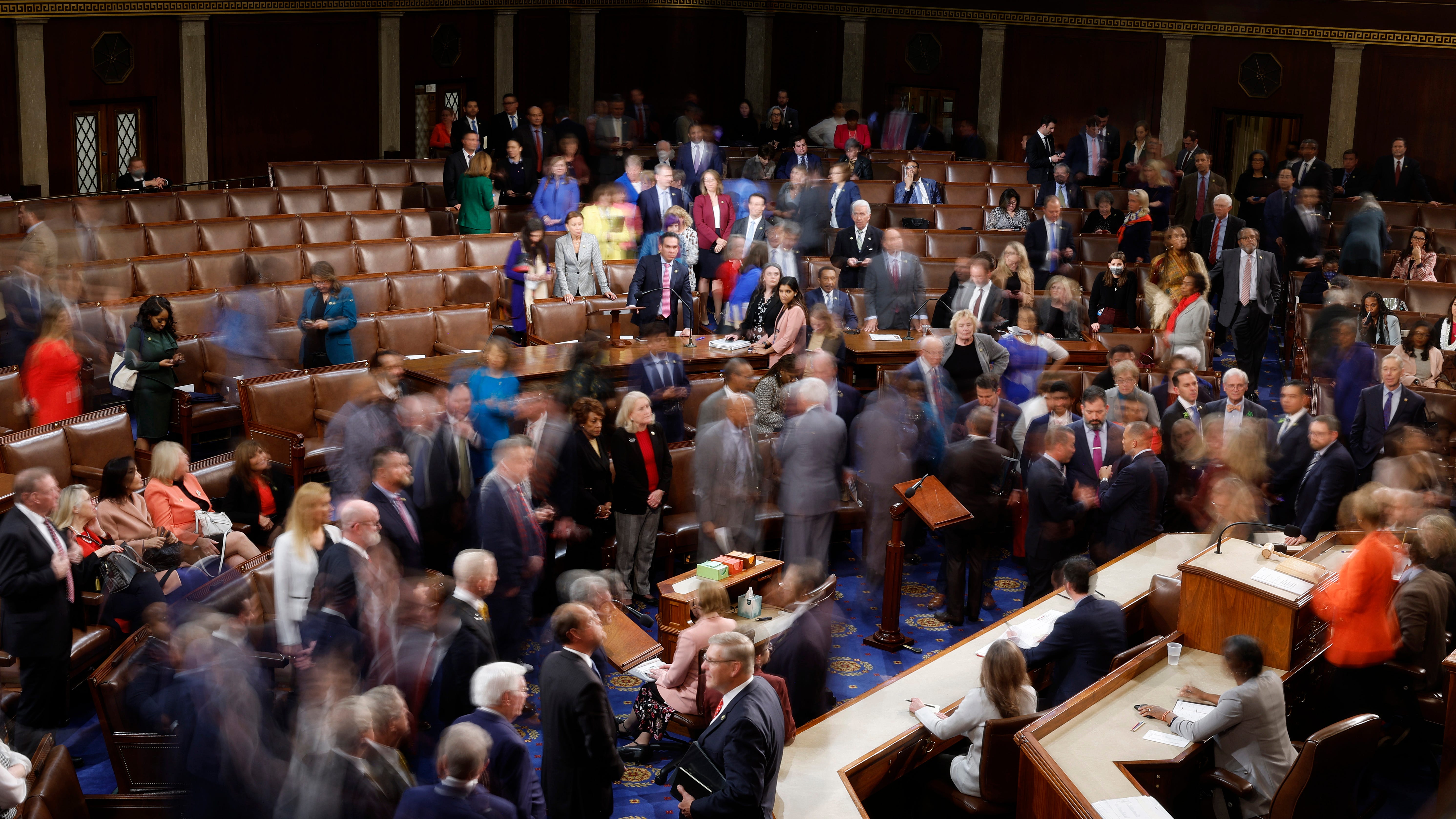 WASHINGTON, DC - JANUARY 05: U.S. House members-elect leave as they adjourn in the House Chamber during the third day of elections for Speaker of the House at the U.S. Capitol Building on January 05, 2023 in Washington, DC.