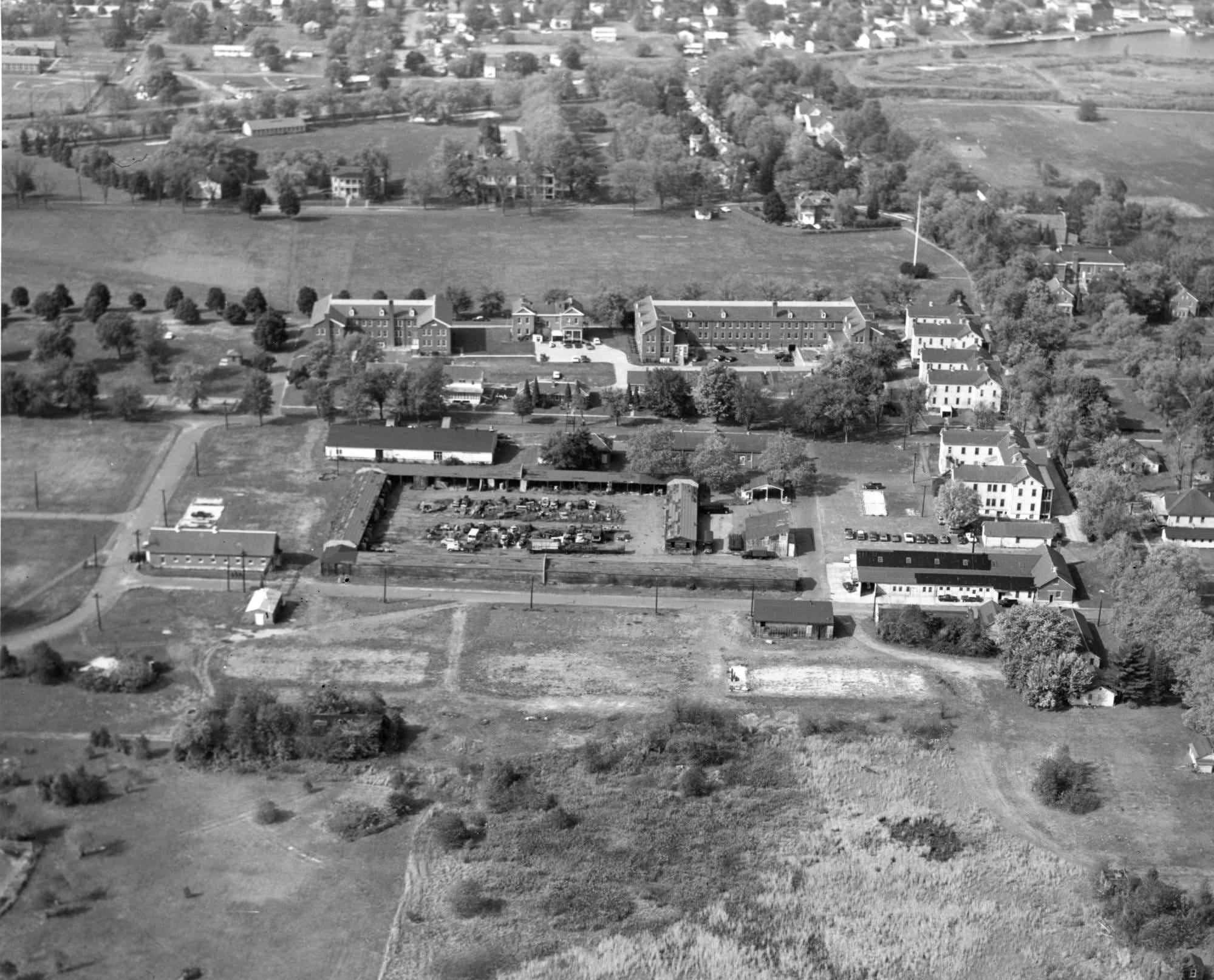 An undated aerial view of the Governor Bacon Health Center at Fort DuPont. The facility treated 