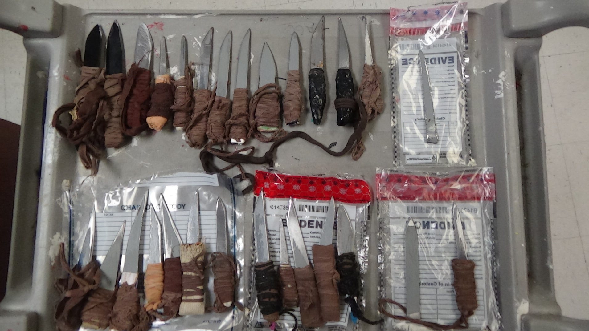 A cache of makeshift knives seized astatine  Hazelton national  situation  by officers during a azygous  displacement  this month.