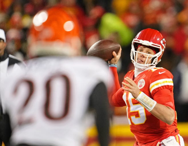 AFC championship game: Kansas City Chiefs quarterback Patrick Mahomes passes the ball against the Cincinnati Bengals.