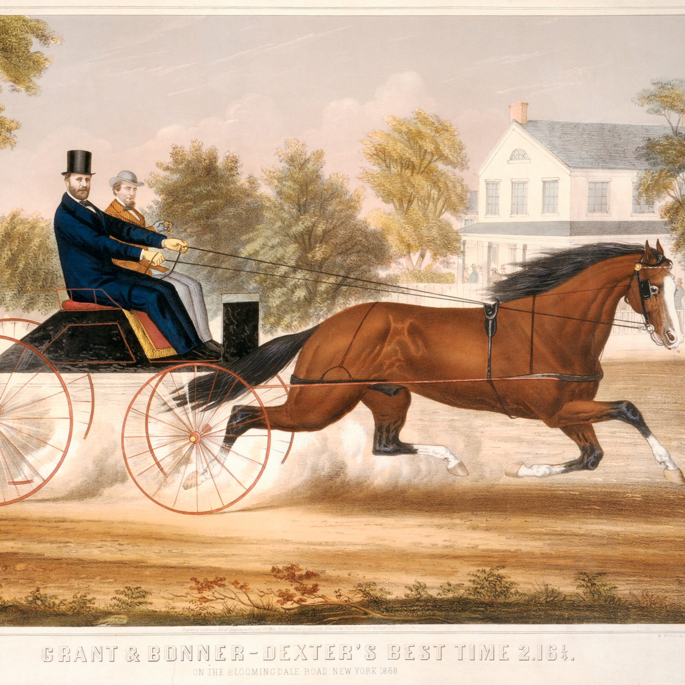 This illustration from 1868 was published by Joseph Hoover of J. Hoover & Son and shows President Ulysses S. Grant and Robert Bonner riding in a horse-drawn carriage in New York. Bonner was a horse owner and publisher of the "New York Ledger."