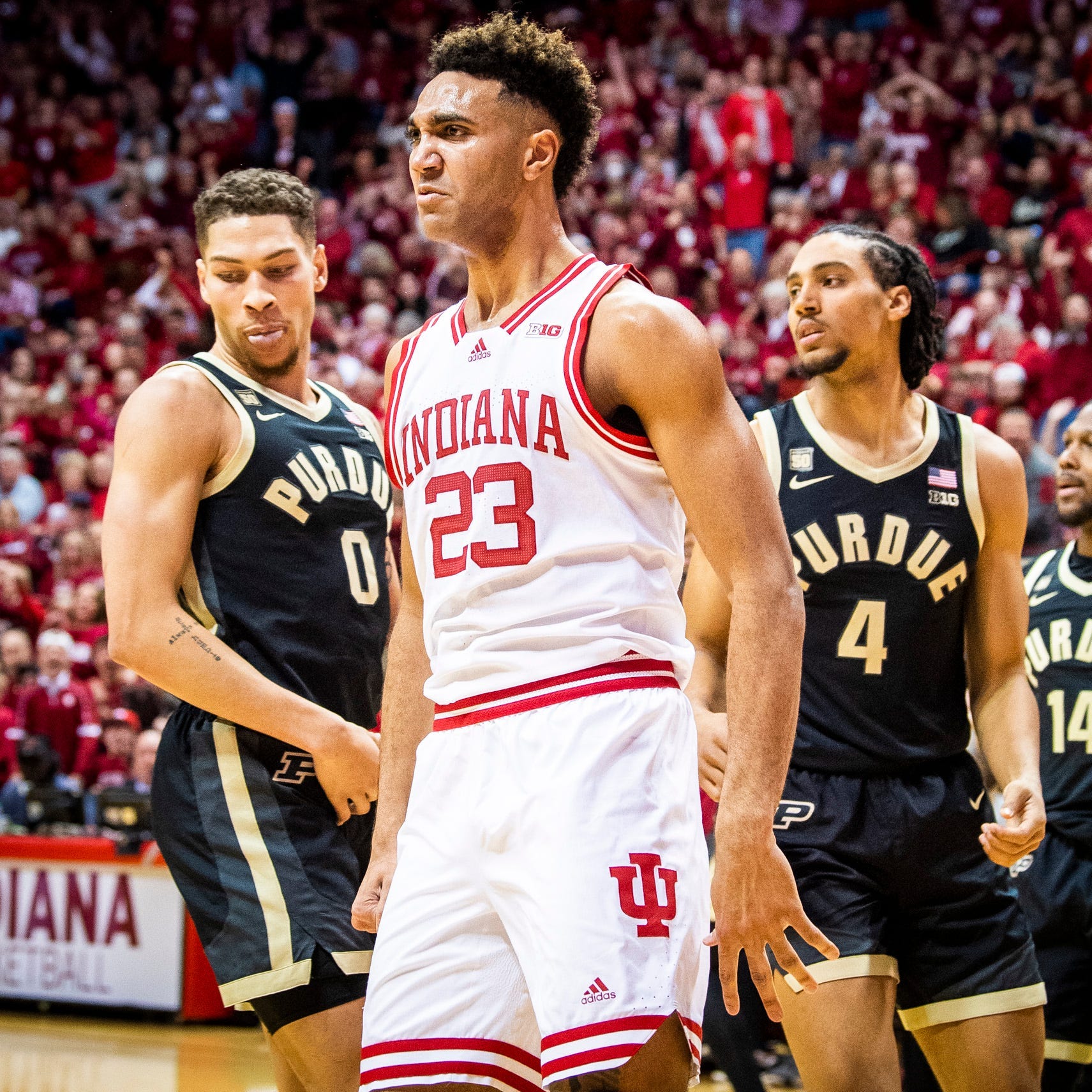 Indiana's Trayce Jackson-Davis stares at the Purdue bench after a dunk during the first half.