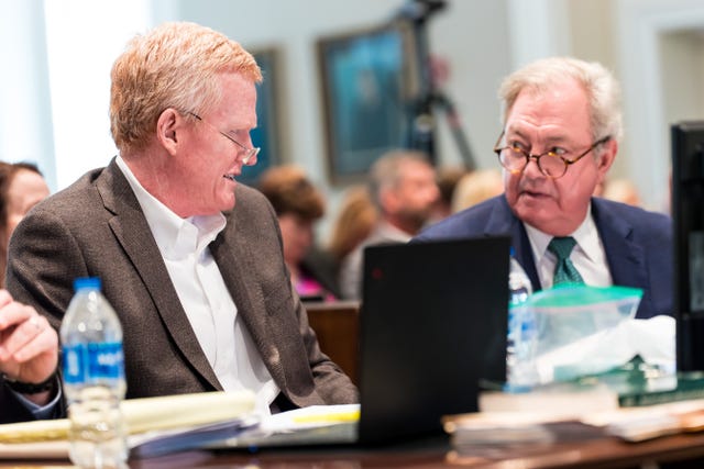 Alex Murdaugh speaks with defense attorney Dick Harpootlian during Murdaugh’s double murder trial at the Colleton County Courthouse in Walterboro, SC, on Monday, February 6, 2023. Jeff Blake/The State/Pool