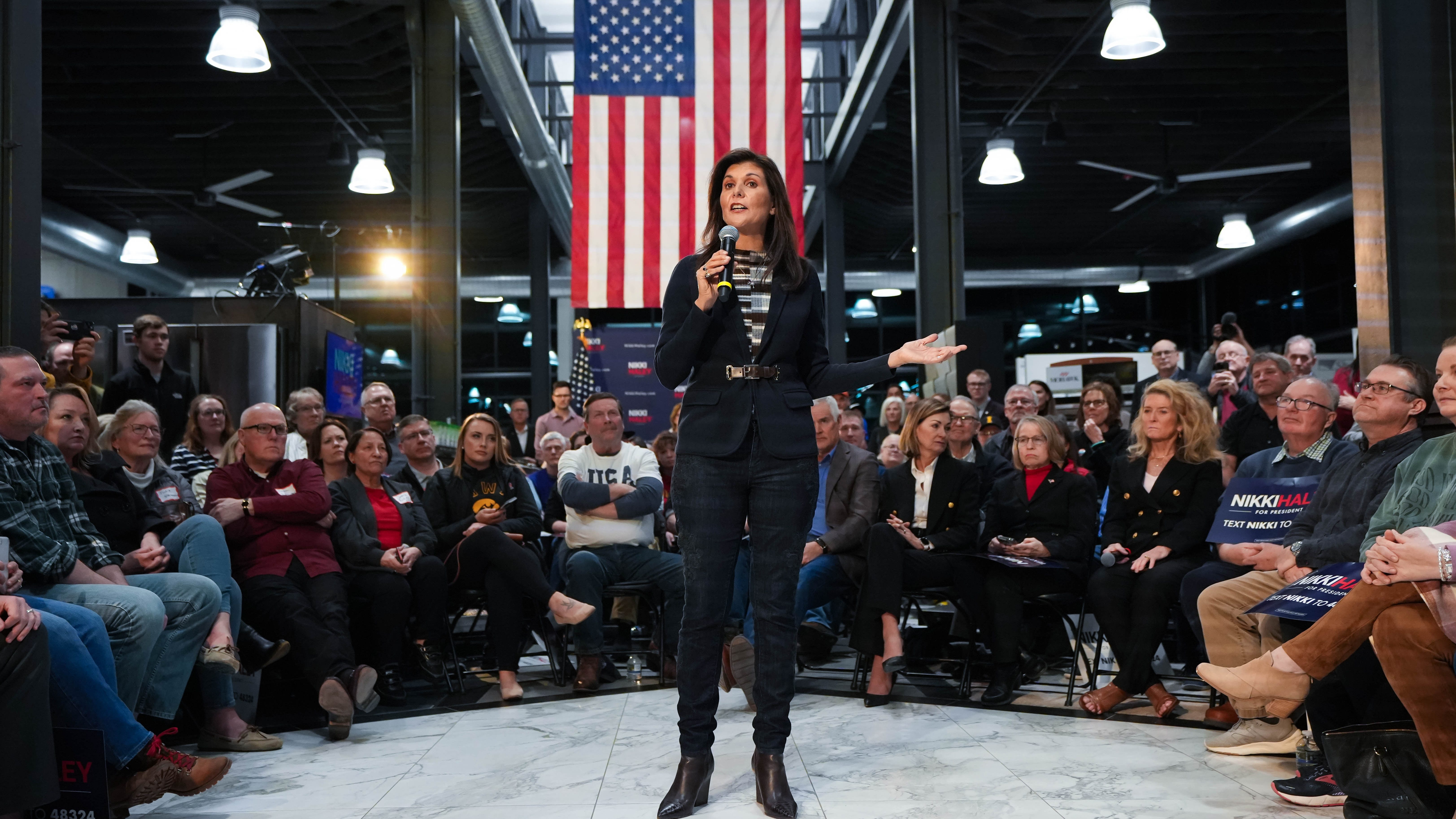 Former US ambassador to the United Nations Nikki Haley gives a speech in the middle of Royal Flooring in Urbandale on Monday, Feb. 20, 2023.