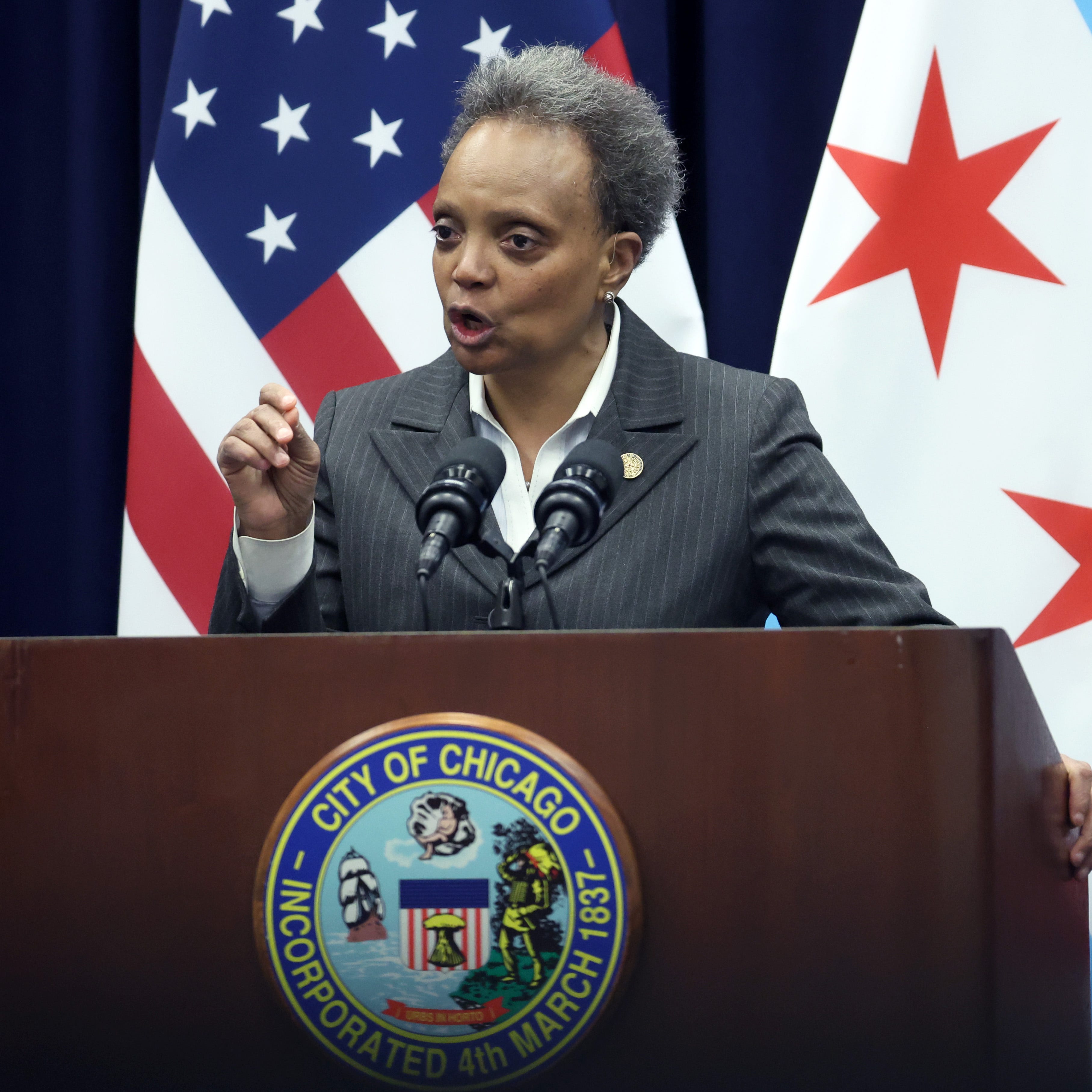 CHICAGO, ILLINOIS - FEBRUARY 01: Chicago Mayor Lori Lightfoot speaks to the media following a city council meeting on February 01, 2023 in Chicago, Illinois. Lightfoot is currently running for reelection against 8 other candidates.  (Photo by Scott Olson/Getty Images) ORG XMIT: 775935111 ORIG FILE ID: 1461452819