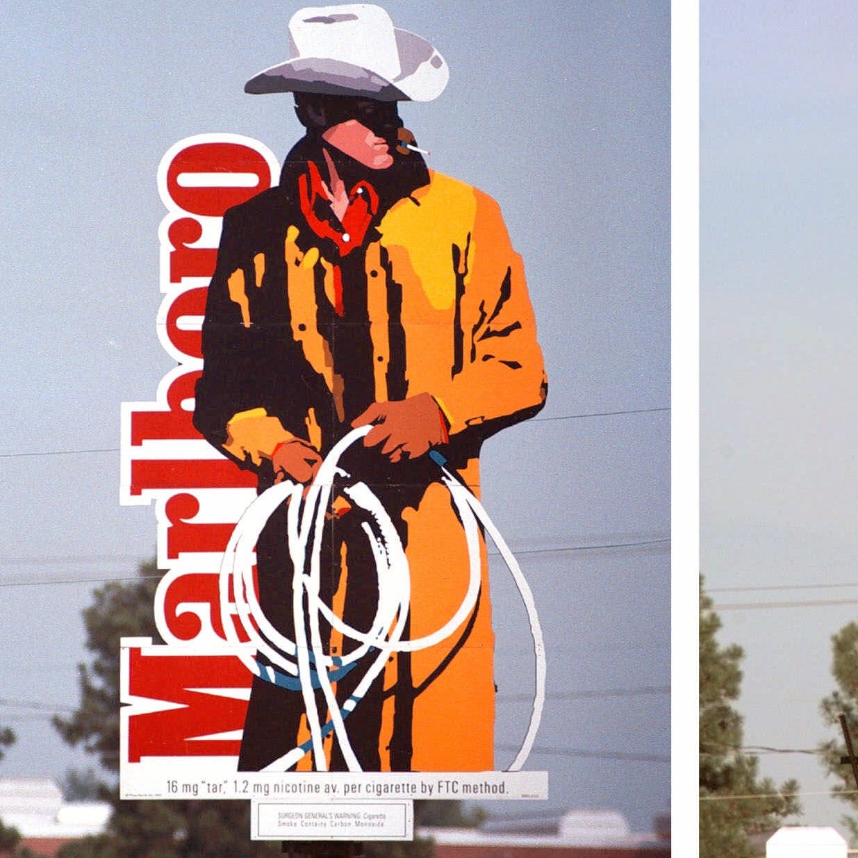 A billboard of the Marlboro Man in Richmond, Va., in 1995. After the tobacco settlement, all that remained in 1999 was the board's supporting structure, right.