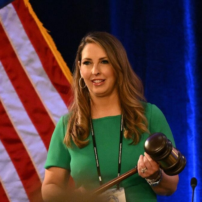 Ronna McDaniel, Chairwoman of the Republican Party holds the gavel at the start of the 2023 Republican National Committee Winter Meeting in Dana Point, California, on January 27, 2023.