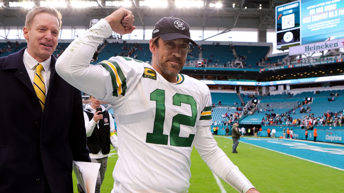 Aaron Rodgers #12 of the Green Bay Packers reacts on the field after defeating the Miami Dolphins at Hard Rock Stadium on December 25, 2022 in Miami Gardens, Florida.