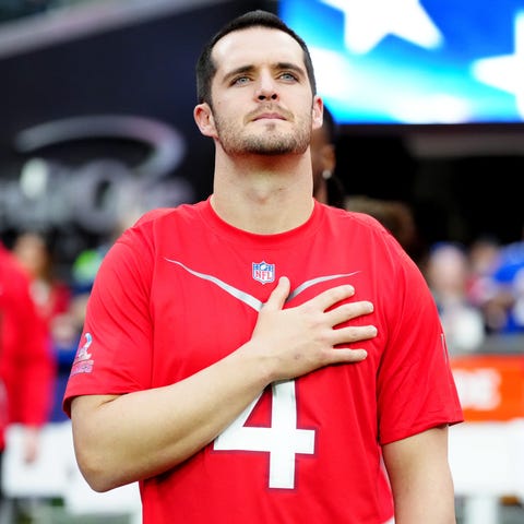 LAS VEGAS, NEVADA - FEBRUARY 05: Derek Carr of the