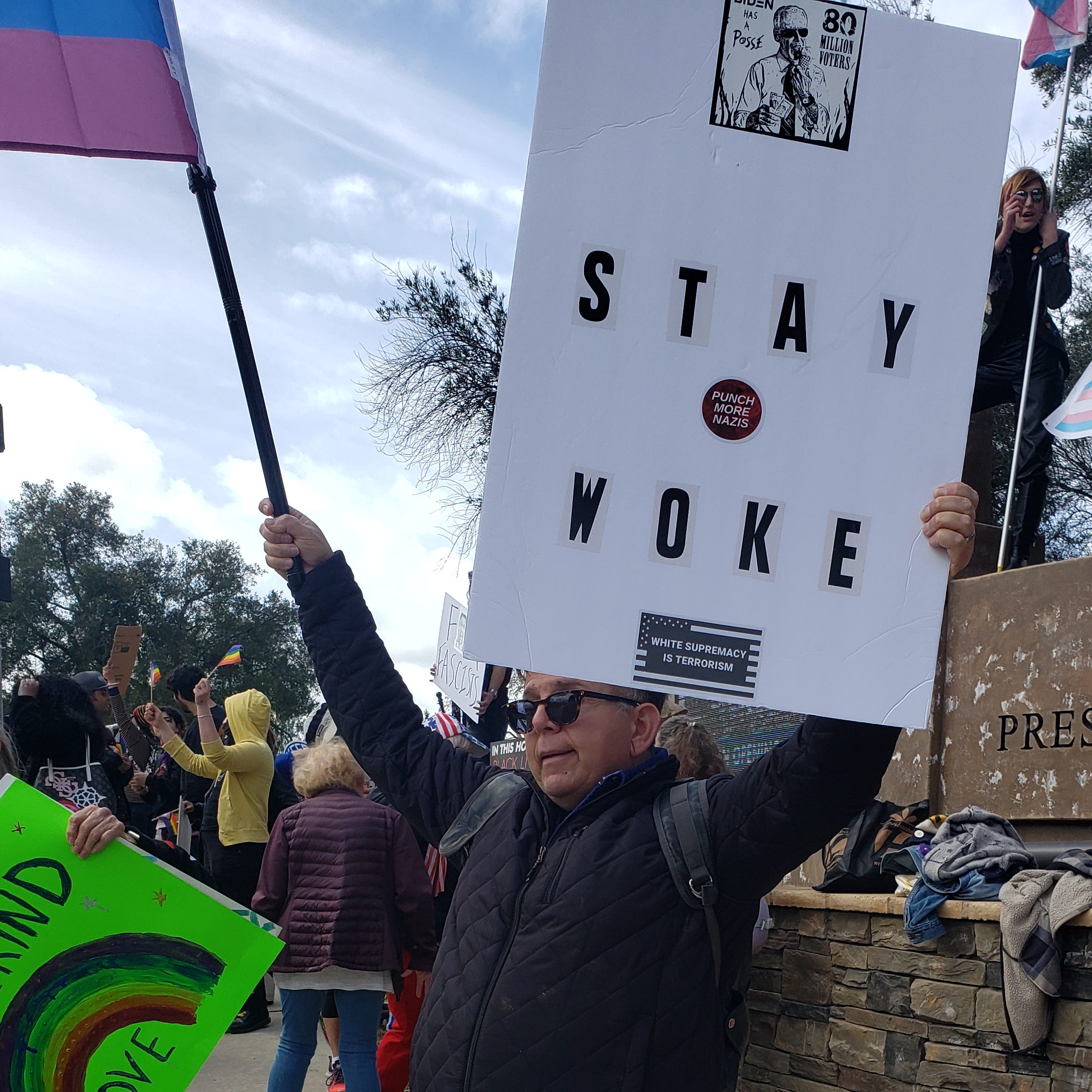 Protest in Simi Valley, Calif., on March 5, 2023, against Florida Gov. Ron DeSantis, who spoke at the Ronald Reagan Presidential Library & Museum.