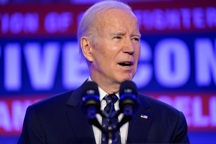 President Joe Biden delivers remarks to the 2023 International Association of Fire Fighters Legislative Conference, Monday, March 6, 2023, in Washington. (AP Photo/Evan Vucci) ORG XMIT: DCEV421