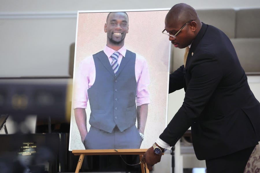 A photo of Tyre Nichols is positioned before a news conference in Memphis on Jan. 27.