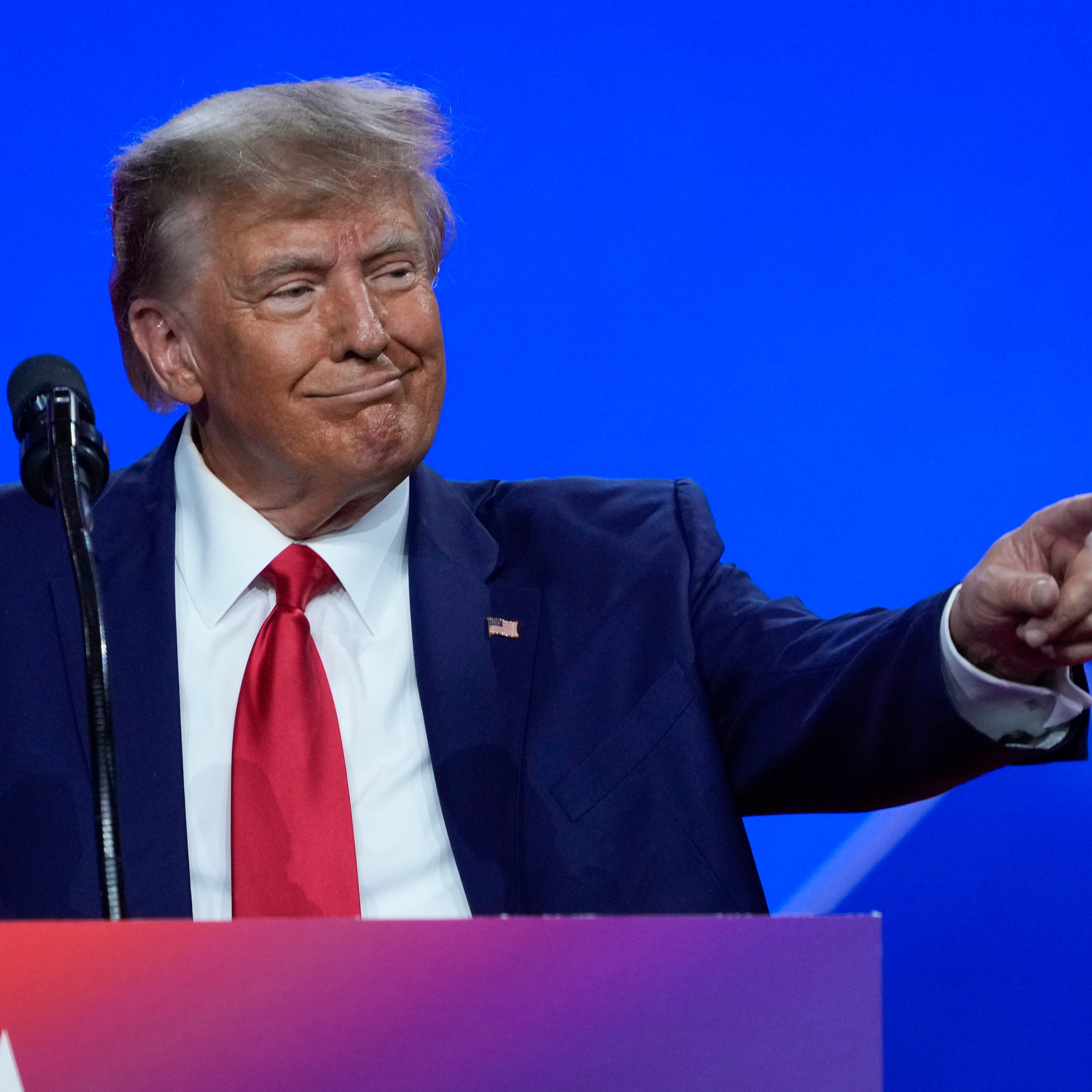 Mar 4, 2023; National Harbor, MD, USA;  Former President Donald J. Trump speaks at the Conservative Political Action Conference, CPAC 2023, at the Gaylord National Resort & Convention Center. Mandatory Credit: Jack Gruber-USA TODAY ORG XMIT: USAT-524242 ORIG FILE ID:  20230304_gma_usa_0370.jpg