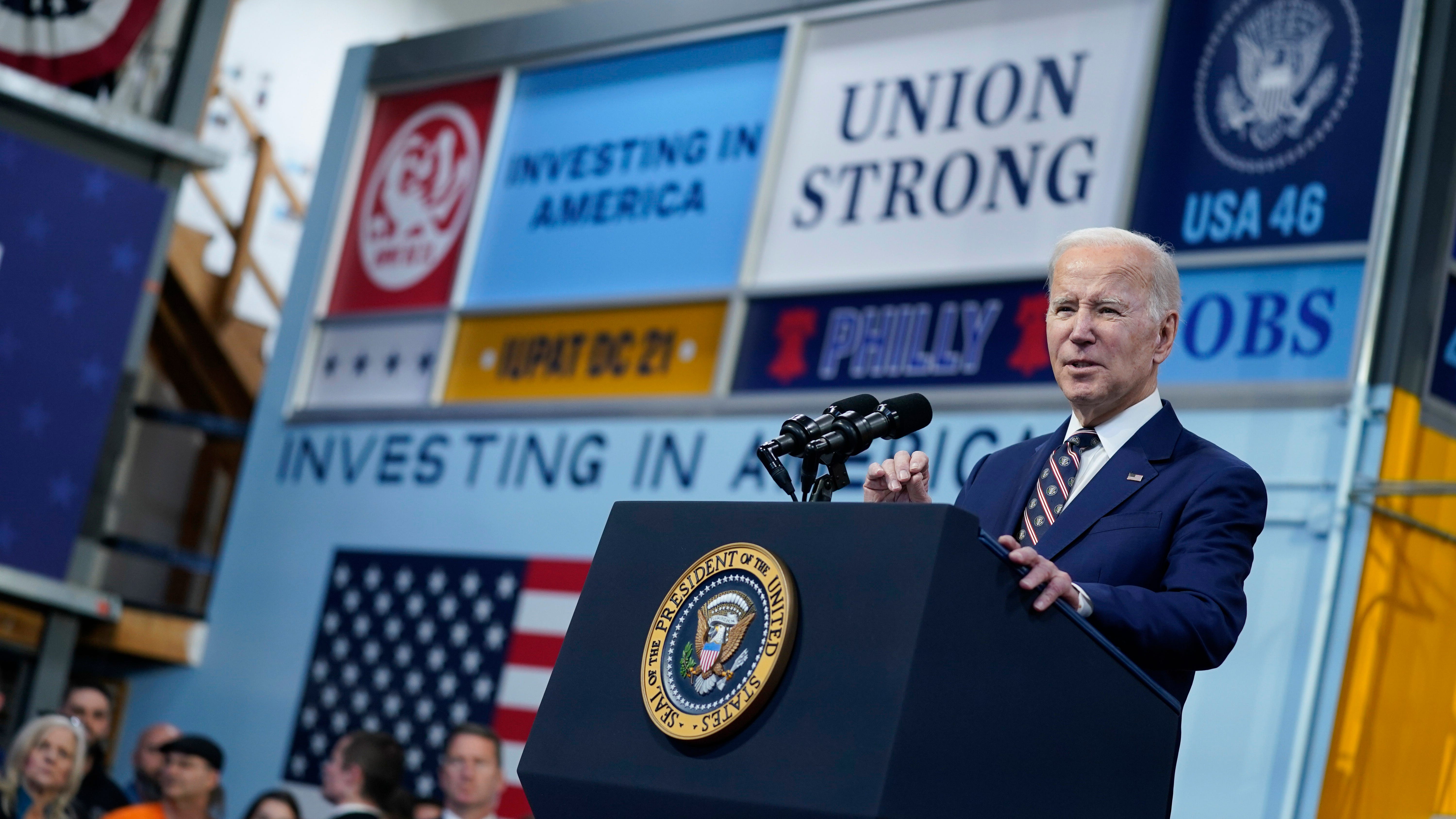 President Joe Biden speaks about his 2024 budget proposal at the Finishing Trades Institute, Thursday, March 9, 2023, in Philadelphia. (AP Photo/Evan Vucci) ORG XMIT: PAEV423