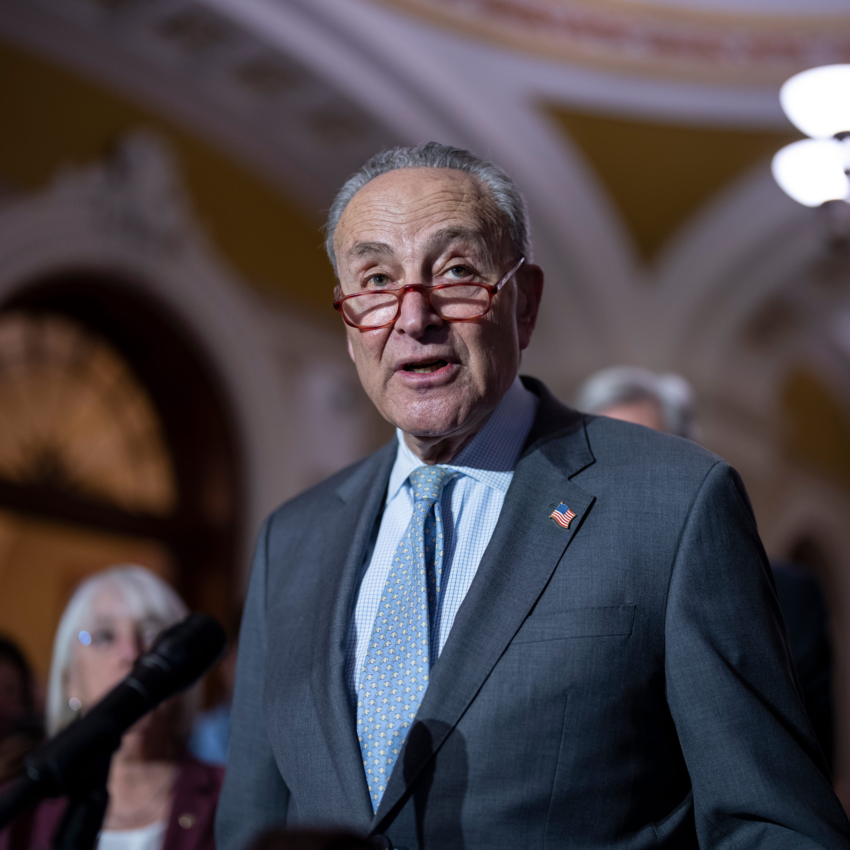 Senate Majority Leader Chuck Schumer, D-N.Y., speaks to reporters following a closed-door policy meeting, at the Capitol in Washington, Tuesday, March 7, 2023. Schumer criticized House Speaker Kevin McCarthy's decision to unleash a trove of Jan. 6 Capitol attack footage to Fox News' Tucker Carlson, at the Capitol in Washington, Tuesday, March 7, 2023. The conservative commentator is working to reverse the narrative of the attack that had played out for the world to see into one more favorable to Donald   Trump. (AP Photo/J. Scott Applewhite) ORG XMIT: DCSA117