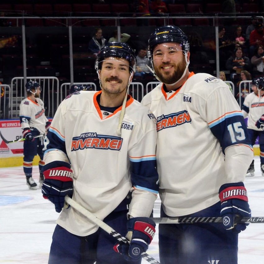 Rivermen defenseman Zach Wilkie (left) and his older brother, Jeff Wilkie, played a shift together on Saturday, March 11, 2023 at Carver Arena when the SPHL's first-place team signed the elder Wilkie for one game and made the brothers the fifth set of siblings to play together on a Rivermen team in the franchise's history.