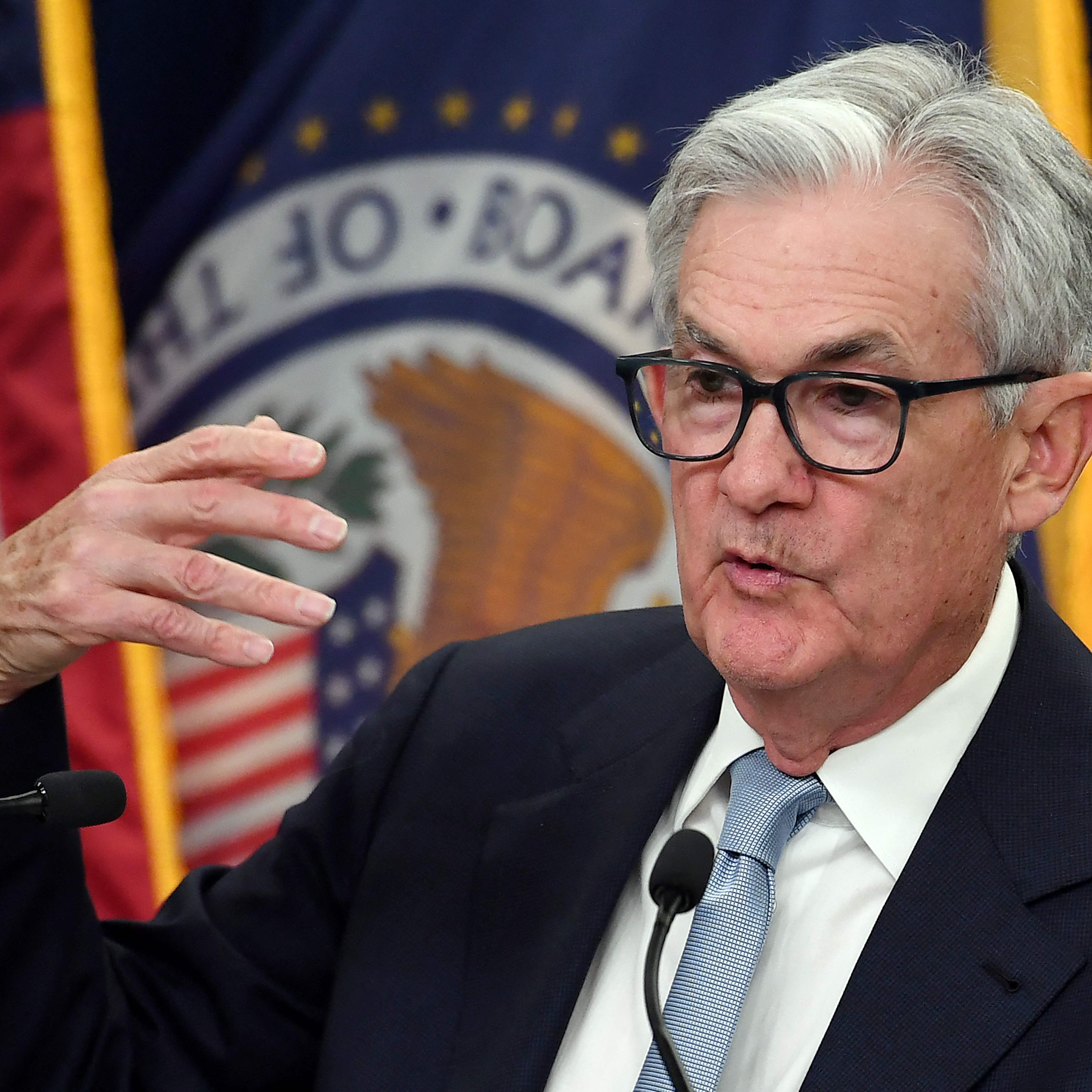 Federal Reserve Board Chair Jerome Powell speaks during a news conference at the Federal Reserve in Washington, DC, on March 22, 2023. - The Federal Reserve raised its benchmark lending rate on Wednesday, in line with expectations, continuing a hiking cycle to tackle high inflation while warning that recent banking troubles could hit households and businesses. The quarter-point increase raises the target range to 4.75-5.00 percent, the Fed announced in a statement. (Photo by OLIVIER DOULIERY / AFP) (Photo by OLIVIER   DOULIERY/AFP via Getty Images) ORIG FILE ID: AFP_33BV3HC.jpg