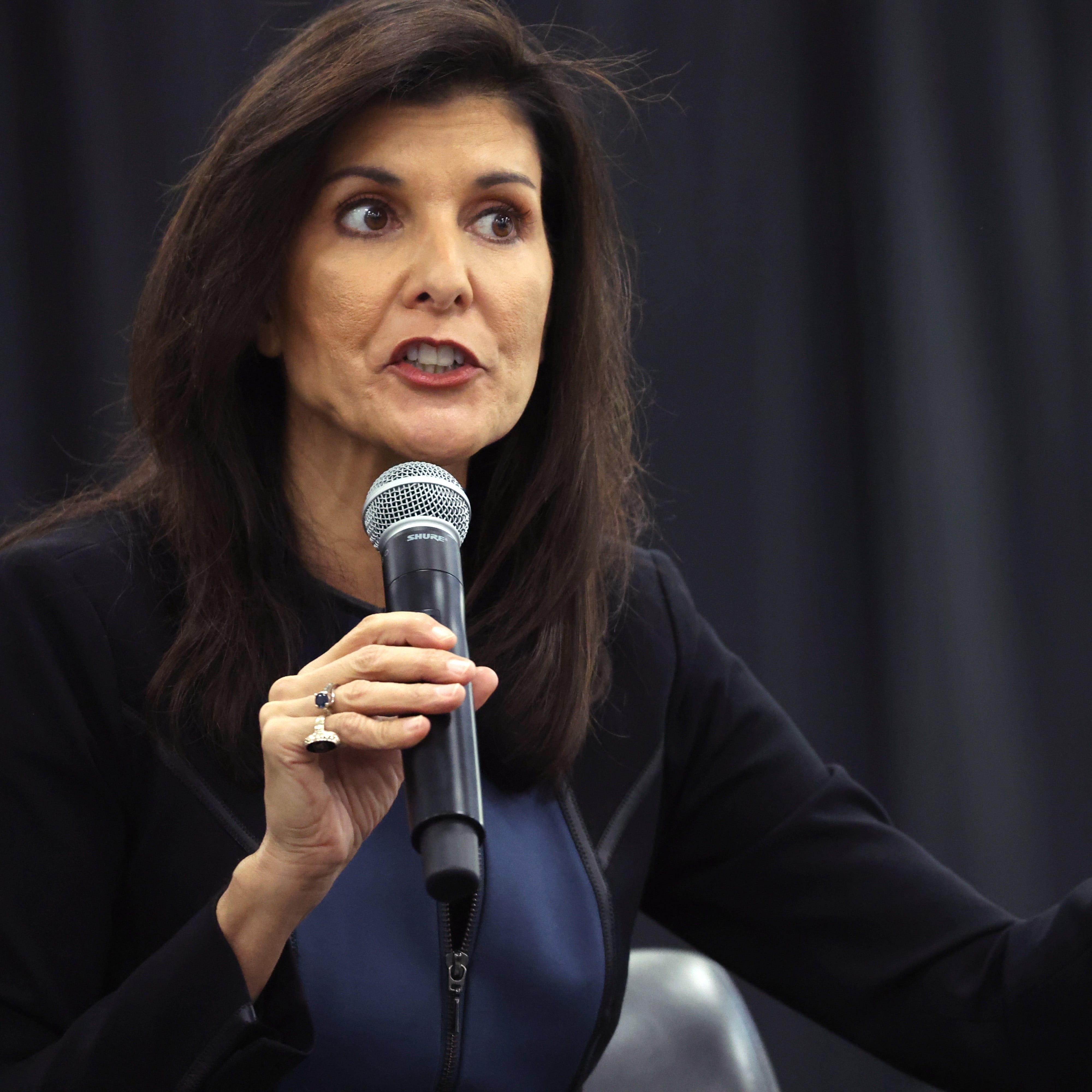 Republican presidential candidate and former UN Ambassador Nikki Haley participates in a conversation with Senator Joni Ernst, R-Iowa, hosted by the Bastion Institute on March 10, 2023 in Clive, Iowa.