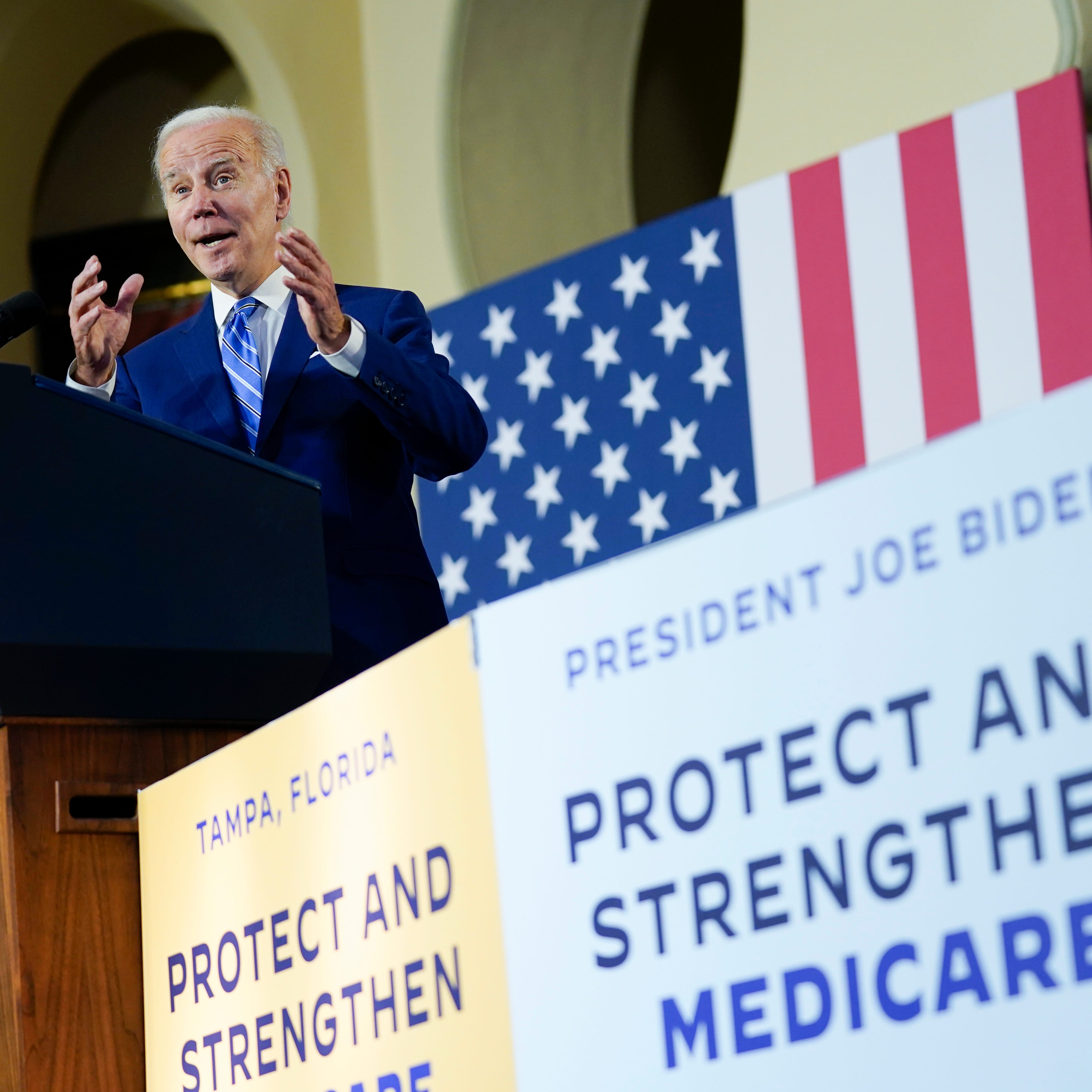 FILE - President Joe Biden speaks about his administration's plans to protect Social Security and Medicare and lower healthcare costs, Feb. 9, 2023, at the University of Tampa in Tampa, Fla. In the federal budget standoff, the majority of U.S. adults are asking lawmakers to pull off the impossible: Cut the overall size of government, but also devote more money to the most popular and expensive programs. (AP Photo/Patrick Semansky, File) ORG XMIT: WX202