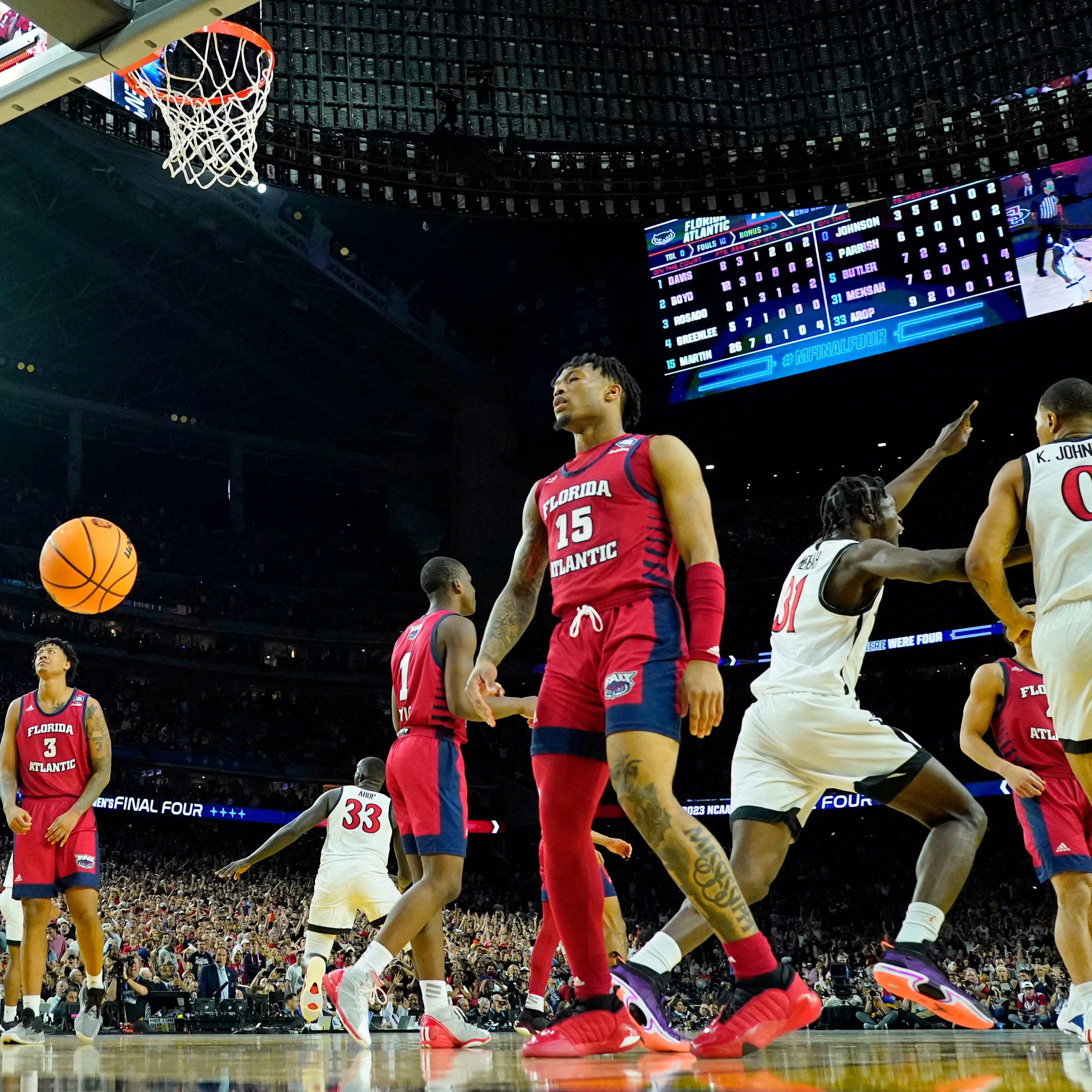 Apr 1, 2023; Houston, TX, USA; Florida Atlantic Owls guard Alijah Martin (15) reacts after their loss against the San Diego State Aztecs in the semifinals of the Final Four of the 2023 NCAA Tournament at NRG Stadium. Mandatory Credit: Bob Donnan-USA TODAY Sports