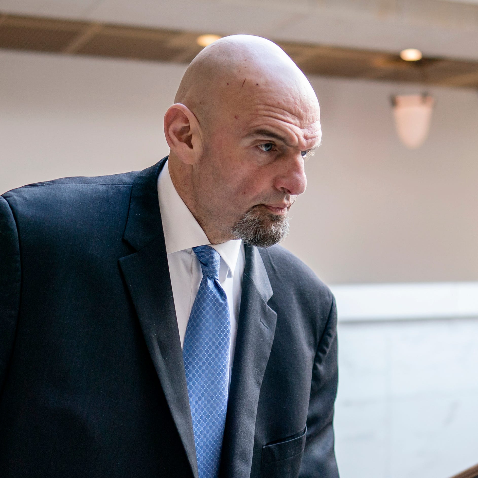 Sen. John Fetterman, D-Pa., leaves an intelligence briefing at the Capitol in Washington, Feb. 14, 2023. Fetterman spent six weeks in the hospital at Walter Reed National Military Medical Center for treatment of depression.