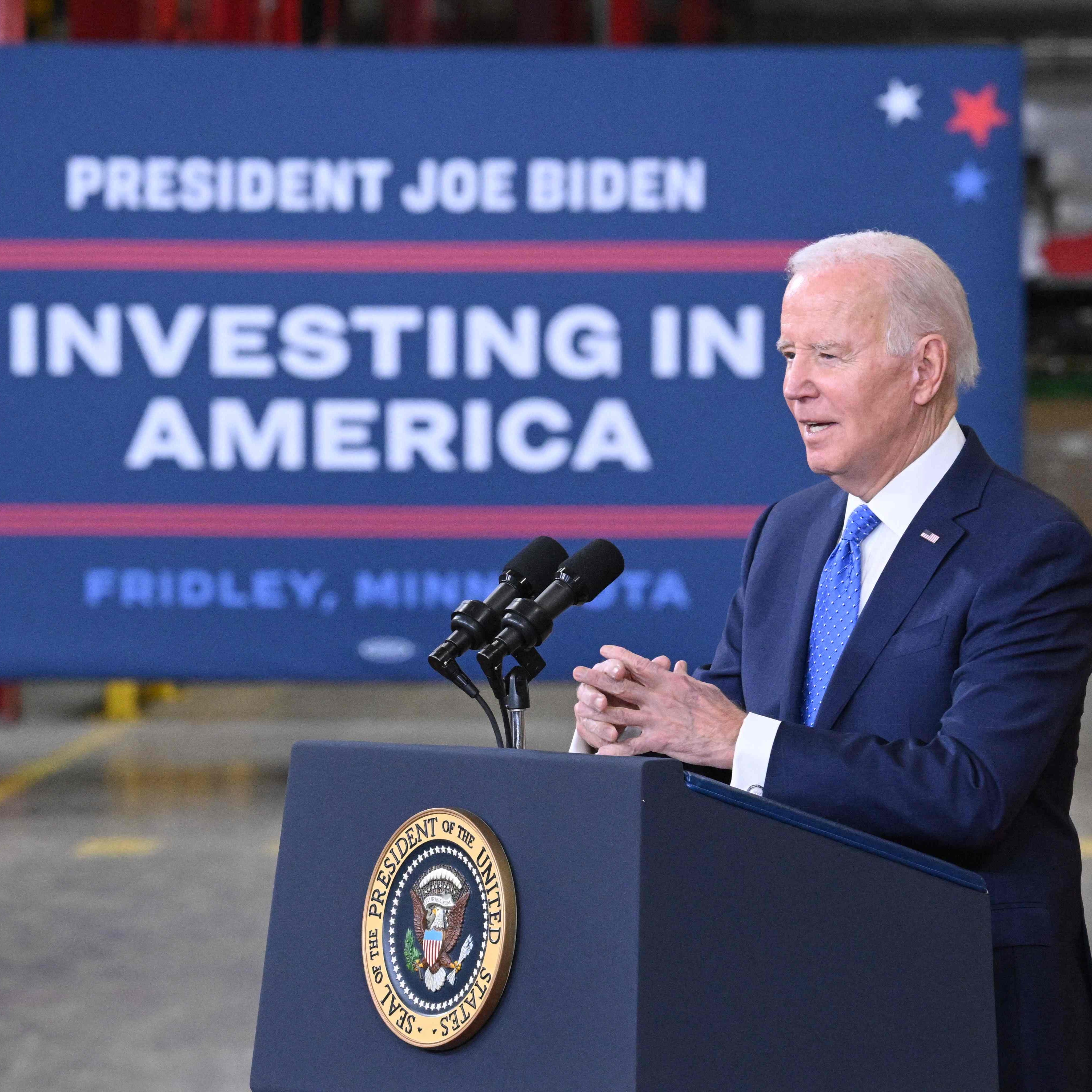 US President Joe Biden delivers remarks at the Cummins Power Generation Facility in Fridley, Minnesota, on April 3, 2023. - Biden is visiting Minnesota as a part of his administration's Investing in America tour. (Photo by Mandel NGAN / AFP) (Photo by MANDEL NGAN/AFP via Getty Images) ORIG FILE ID: AFP_33CL2P6.jpg