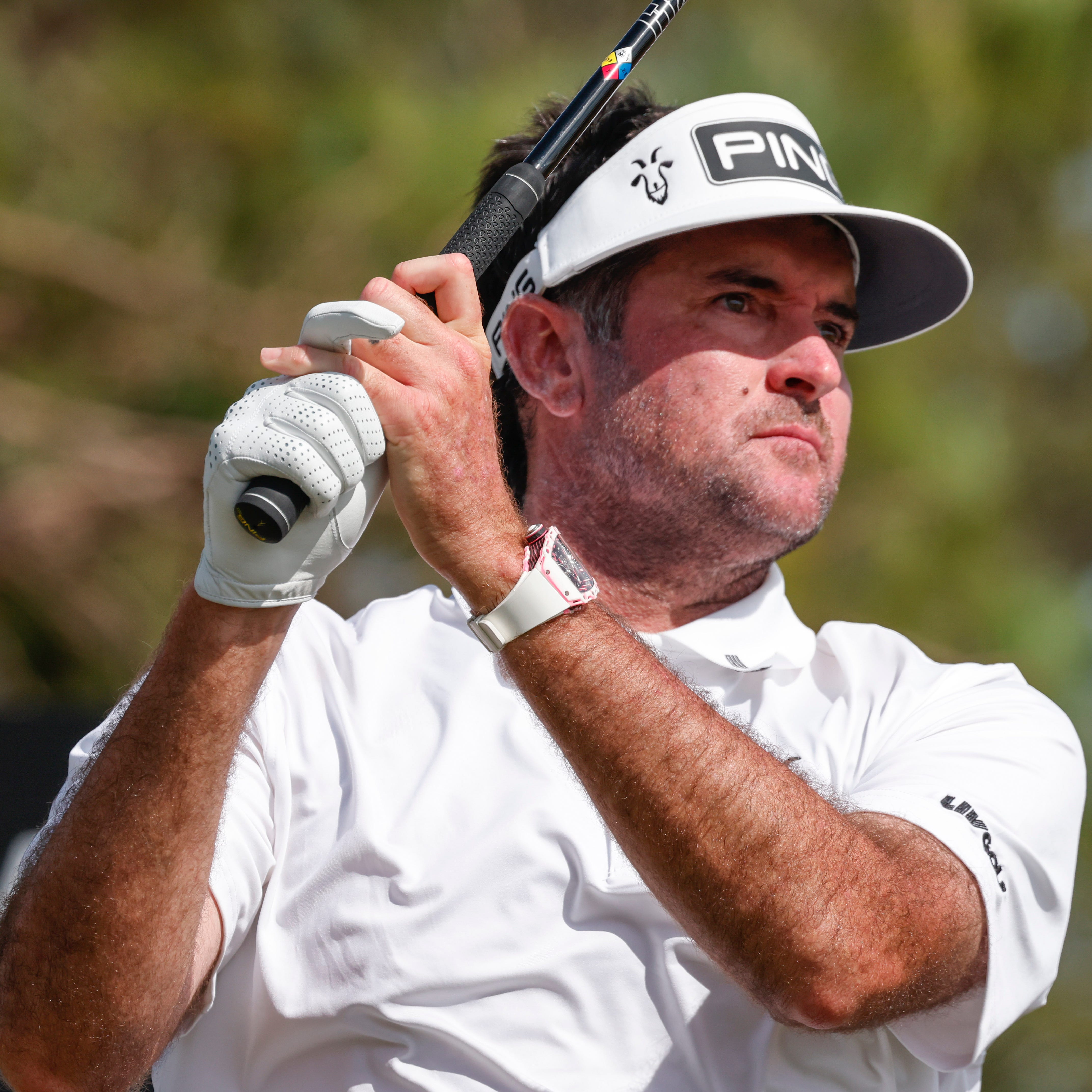 Bubba Watson plays his shot from the fifth tee during the second round of a LIV Golf event at Orange County National in Orlando, Florida.