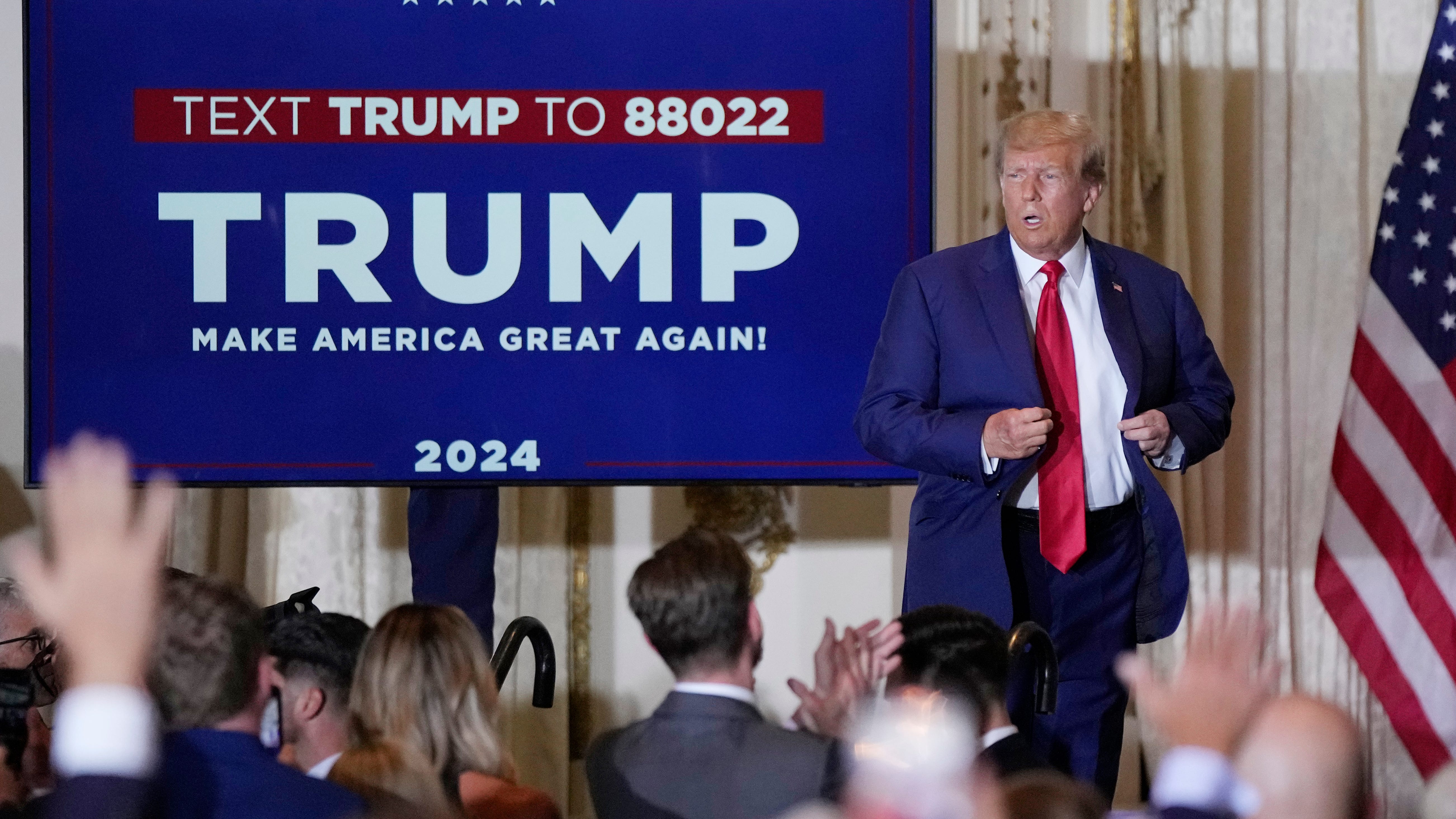 Former President Donald Trump arrives to speak at his Mar-a-Lago estate hours after being arraigned in New York City, Tuesday, April 4, 2023, in Palm Beach, Fla. 