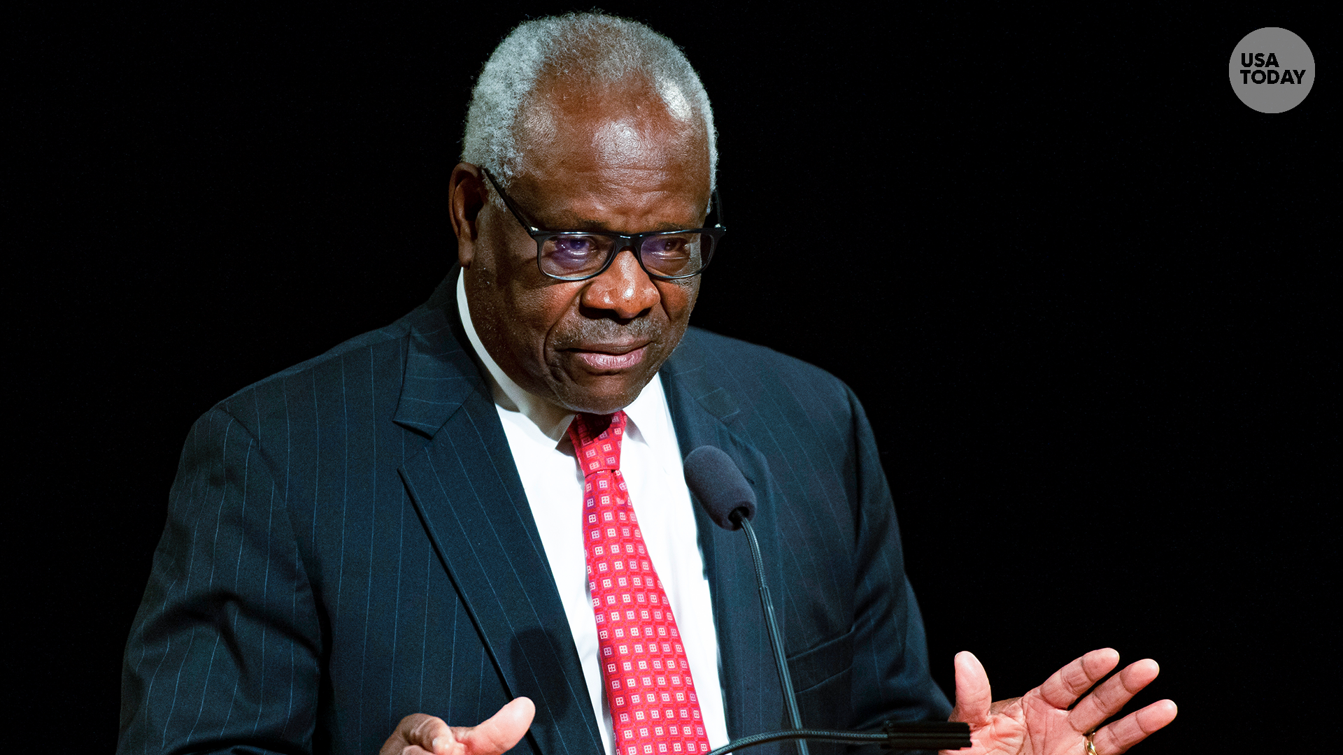 Sept. 16, 2021; South Bend, IN, USA; Supreme Court Justice Clarence Thomas speaks on Thursday, Sept. 16, 2021, at the University of Notre Dame's DeBartolo Performing Arts Center in South Bend. The associate justice gave the university's Tocqueville Lecture for an event presented by the Center for Citizenship & Constitutional Government. Mandatory Credit: Robert Franklin/South Bend Tribune via USA TODAY NETWORK (Via OlyDrop)