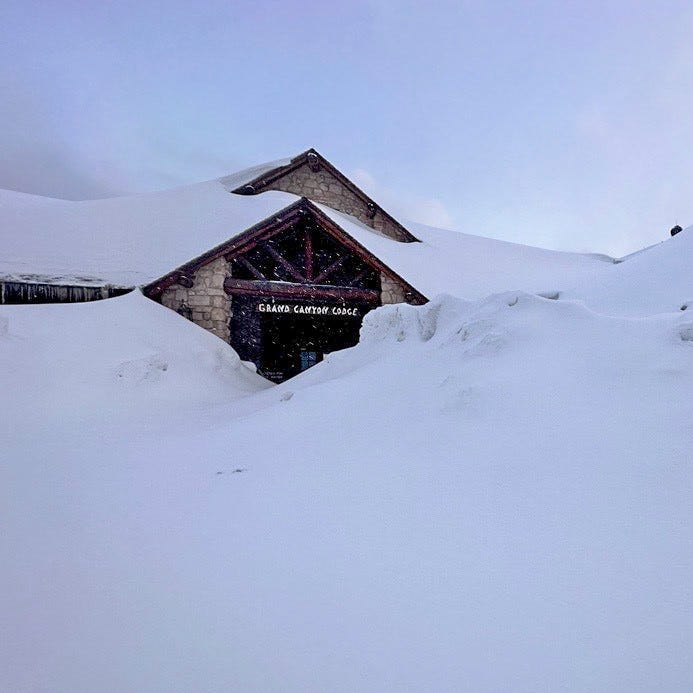 Grand Canyon Lodge at the North Rim of Grand Canyon National Park was covered with snow and icicles on April 4, 2023. The North Rim has so far received more than 250 inches of accumulated snowfall this winter.