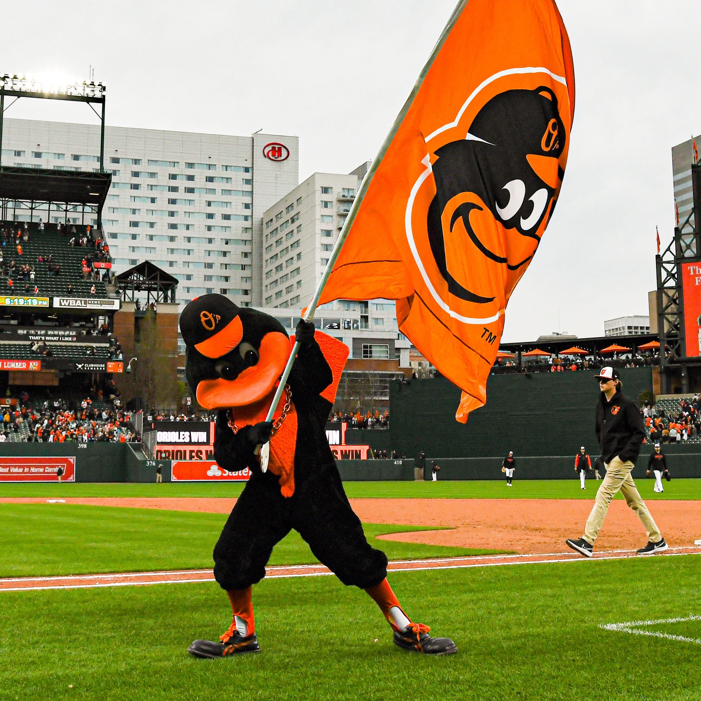 Baltimore's mascot celebrates Friday's win over the Yankees.