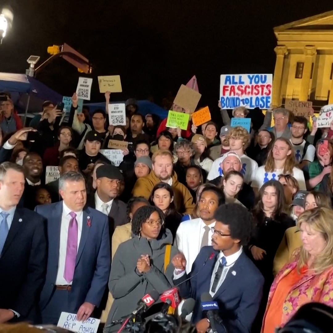 Tennesse state Representative Justin Pearson addresses the crowd outside of the Tennesse State House after being expelled, along with state Representative Justin Jones, for protesting gun violence on the House floor.