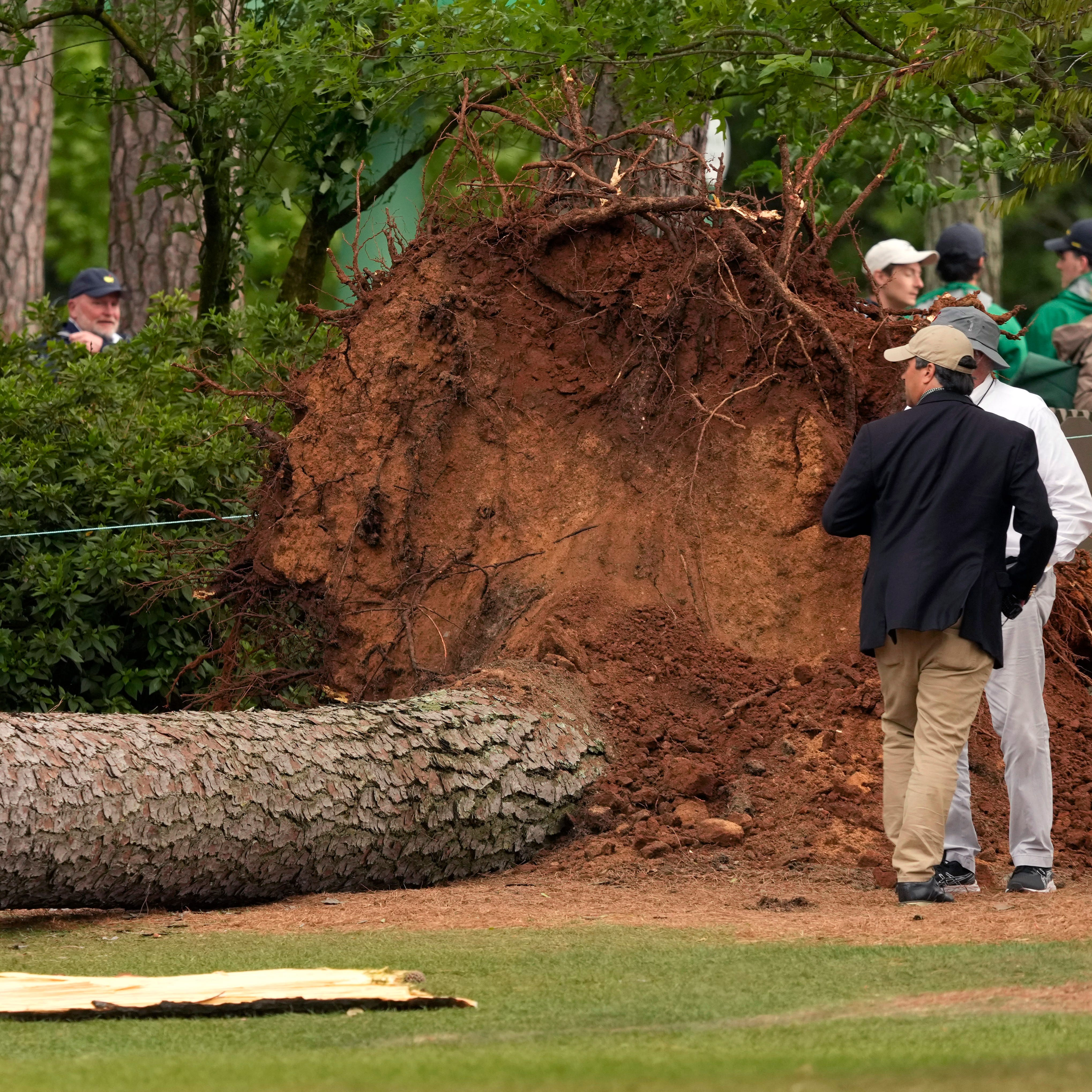 Volunteers and staff secure the area where a tree fell Friday near the 17th tee at the Masters.