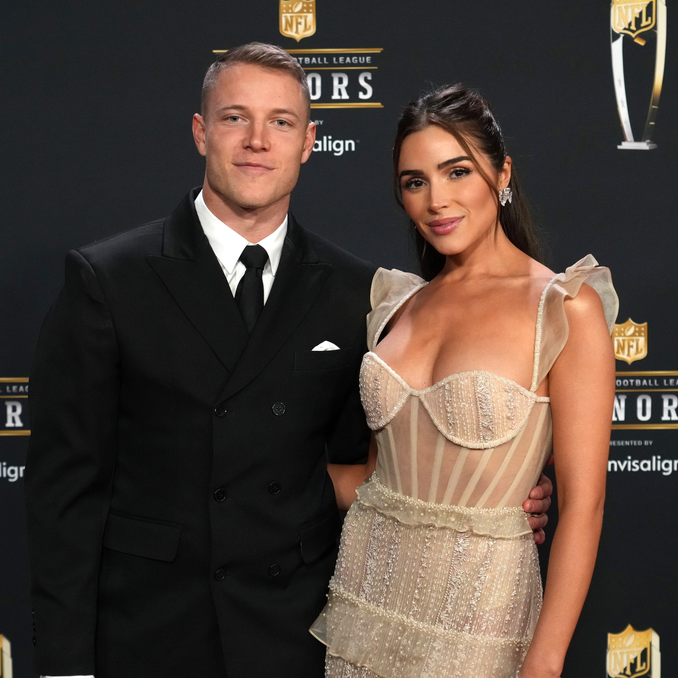 Christian McCaffrey and Olivia Culpo attend the 12th Annual NFL Honors at Symphony Hall on February 09, 2023 in Phoenix, Arizona.  (Photo by Jeff Kravitz/FilmMagic) ORG XMIT: 775915603 ORIG FILE ID: 1464623425