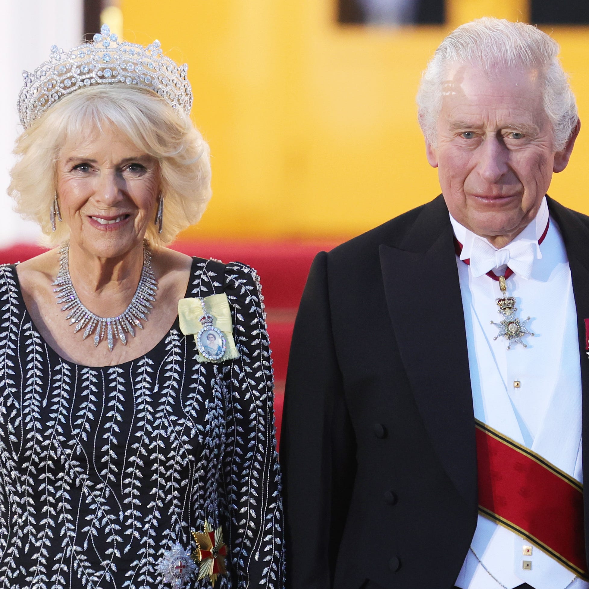 BERLIN, GERMANY - MARCH 29: King Charles III and Camilla, Queen Consort arrive at Belleuvue Palace on March 29, 2023 in Berlin, Germany. The King and The Queen Consort's first state visit to Germany will take place in Berlin, Brandenburg and Hamburg from Wednesday 29th March to Friday 31st March 2023. The King and Queen Consort's state visit to France, which was scheduled March 26th - 29th, has been postponed amid mass strikes and protests. (Photo by Chris Jackson/Getty Images) ORG XMIT: 775920228 ORIG FILE ID: 1477873234