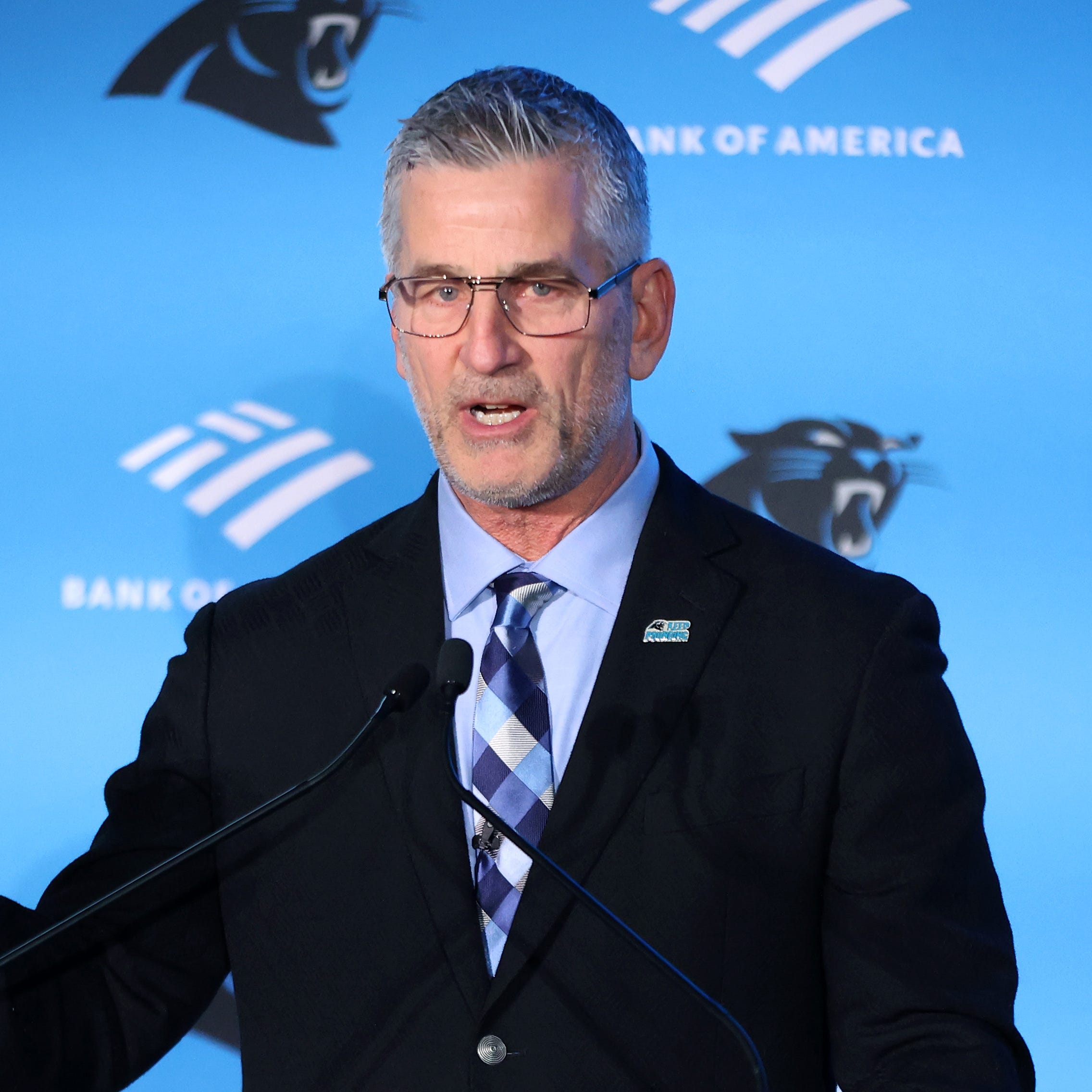 Frank Reich speaks with the media during the Carolina Panthers head coach introduction at Bank of America Stadium on January 31, 2023 in Charlotte, North Carolina.