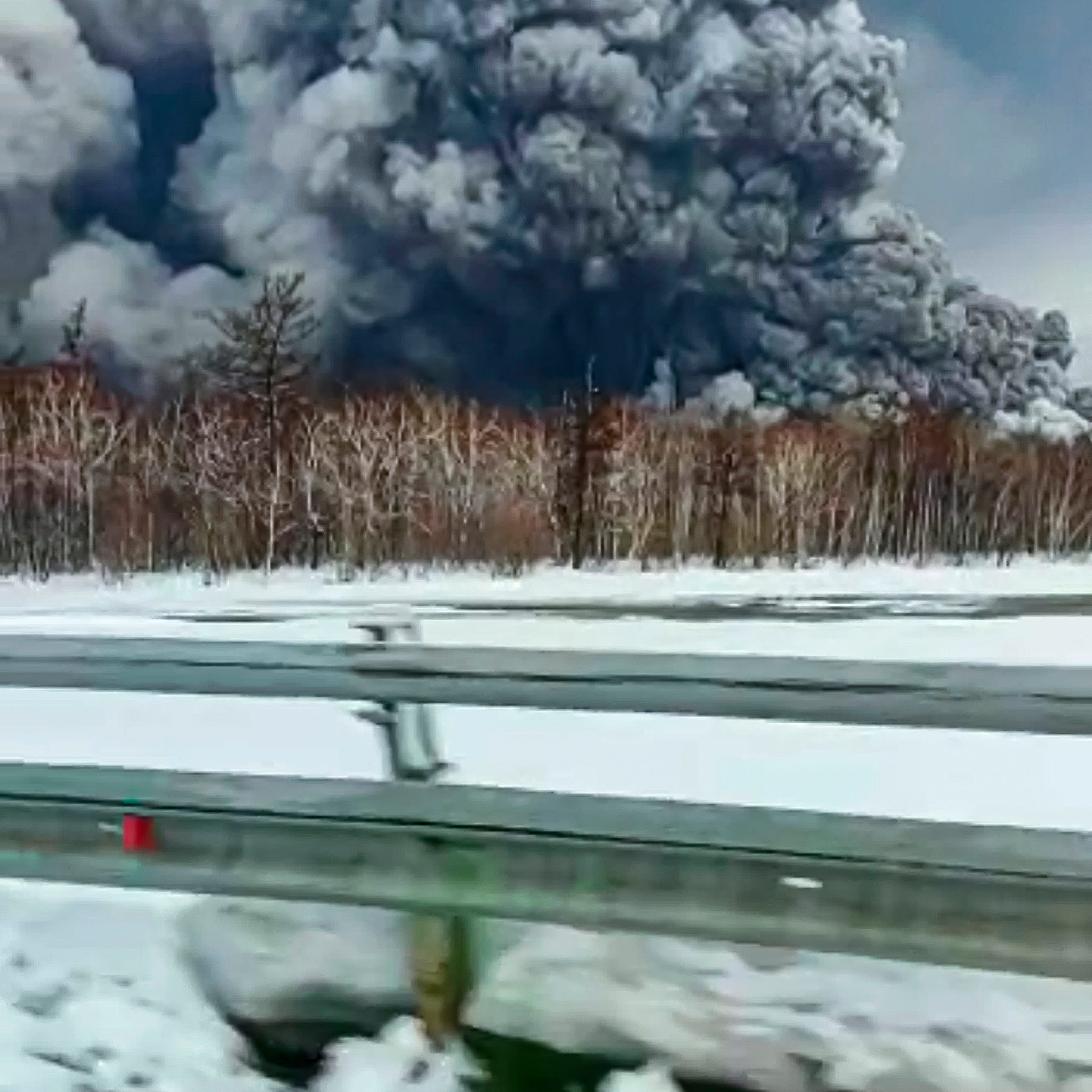 Steam and ash are visible during the Shiveluch volcano's eruption on the Kamchatka Peninsula in Russia, Tuesday, April 11, 2023. Shiveluch, one of Russia's most active volcanoes, erupted Tuesday, spewing clouds of ash 20 kilometers into the sky and covering broad areas in ash.