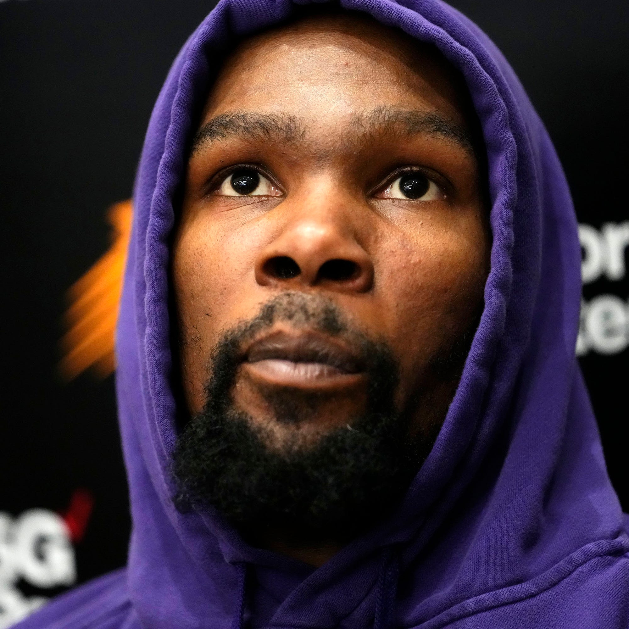 Suns forward Kevin Durant talks to the media as Phoenix prepares for their first-round playoff match-up against the L.A. Clippers at the Suns Training Facility in Phoenix on April 12, 2023.