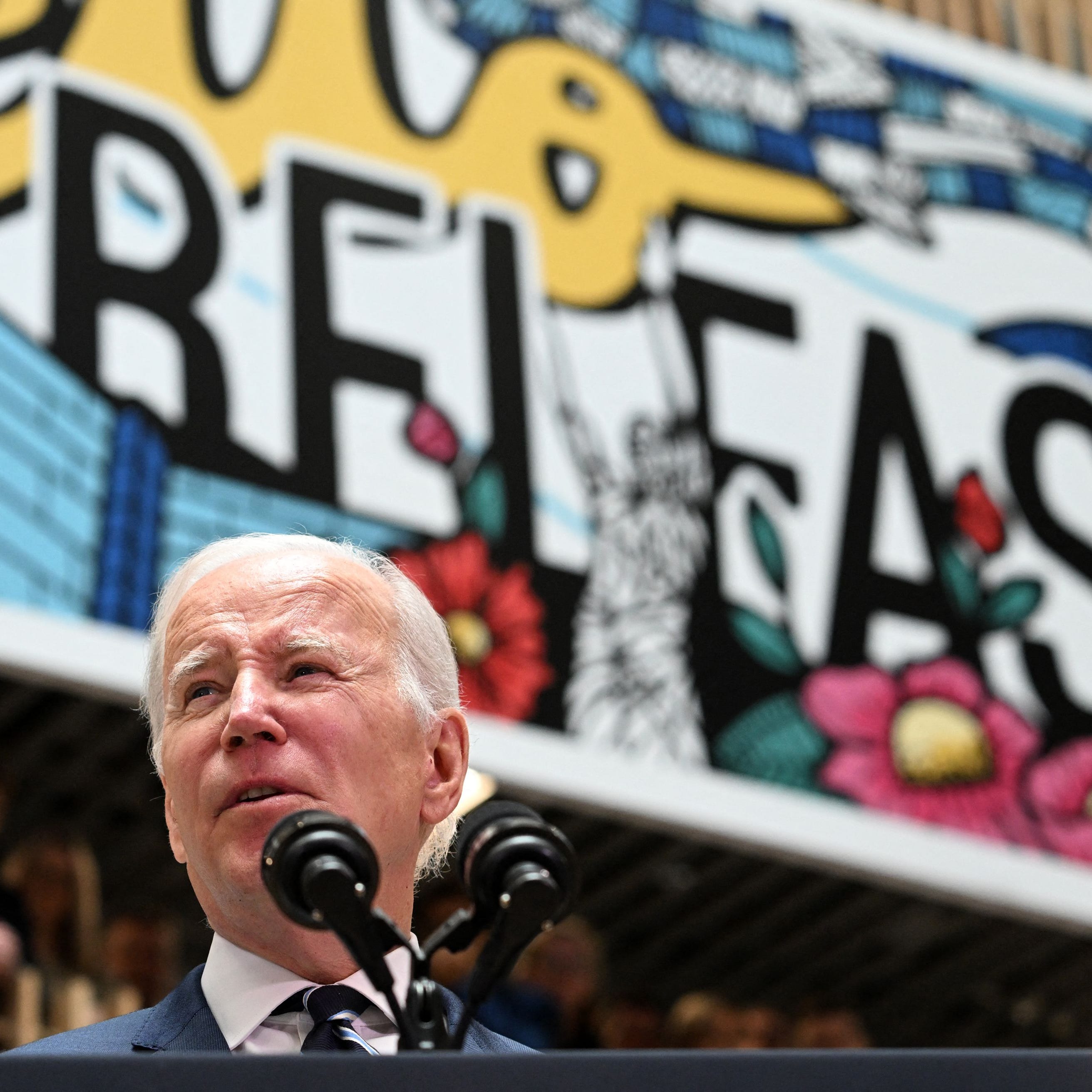 President Joe Biden delivers a speech on business development at Ulster University in Belfast on April 12, 2023, as part of a four day trip to Northern Ireland and Ireland for the 25th anniversary commemorations of the "Good Friday Agreement."