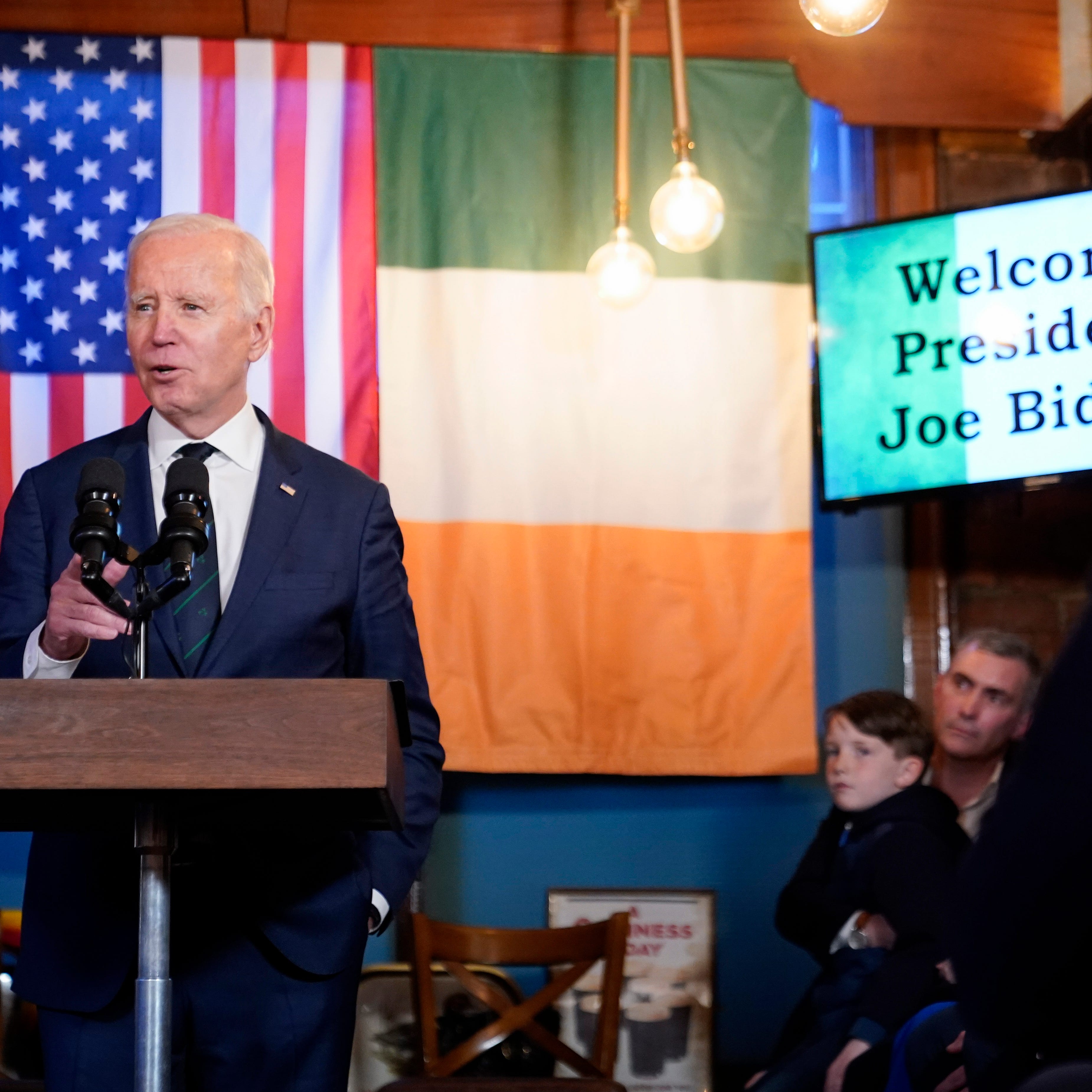 President Joe Biden speaks at the Windsor Bar and Restaurant in Dundalk, Ireland, Wednesday, April 12, 2023. (AP Photo/Patrick Semansky) ORG XMIT: IRLPS500