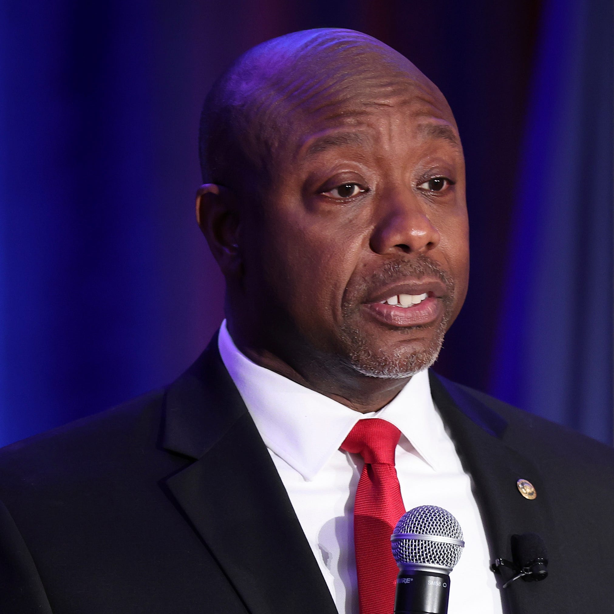 Sen. Tim Scott, R-S.C.,delivers remarks at the Charleston County Republican Party's Black History Month Banquet Feb.16, 2023 in Charleston, South Carolina. Scott spoke about growing up in South Carolina during his remarks.