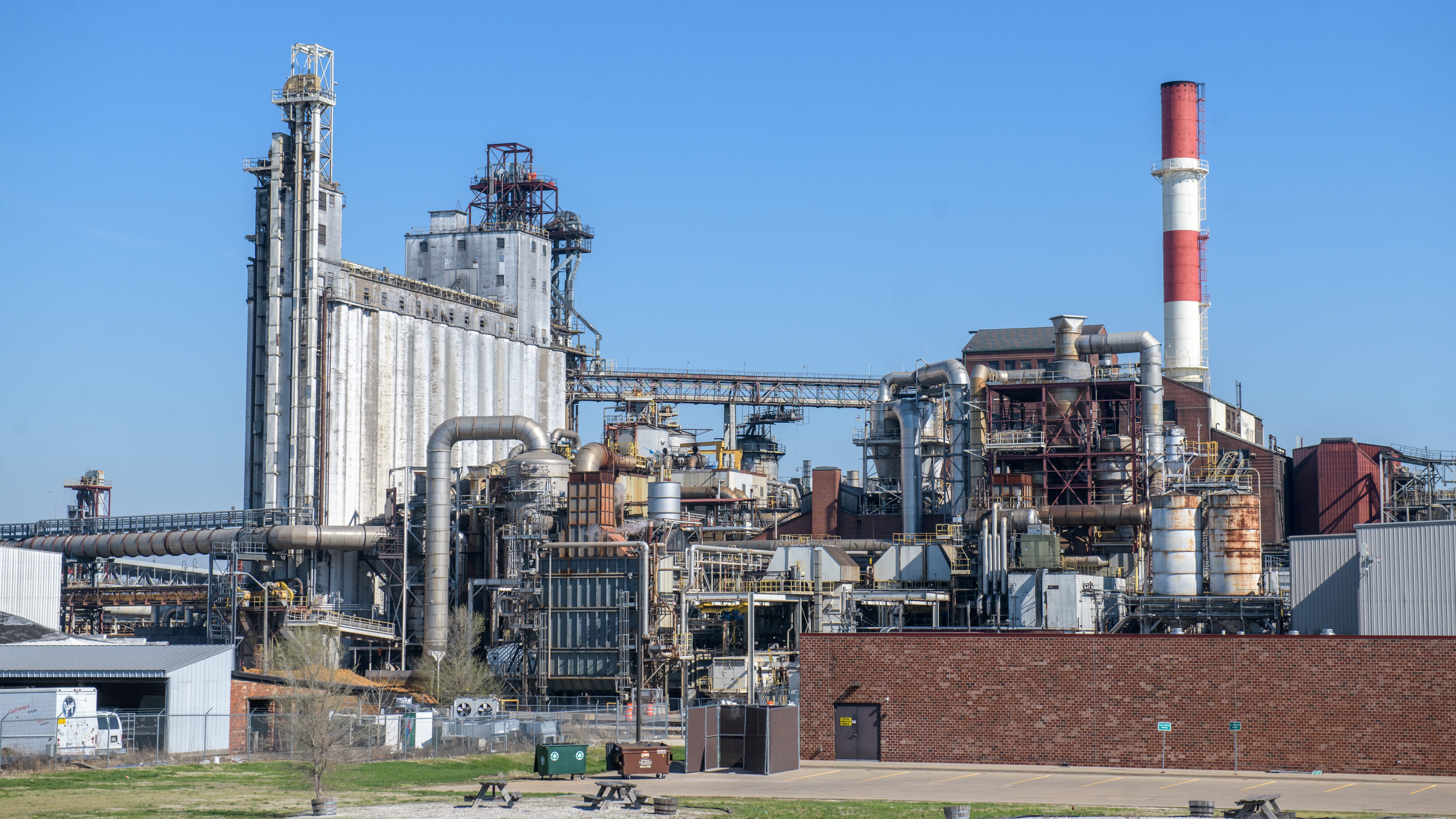 A section of the sprawling BioUrja ethanol plant, formerly owned by ADM, rises above SW Washington Street along the Peoria riverfront.