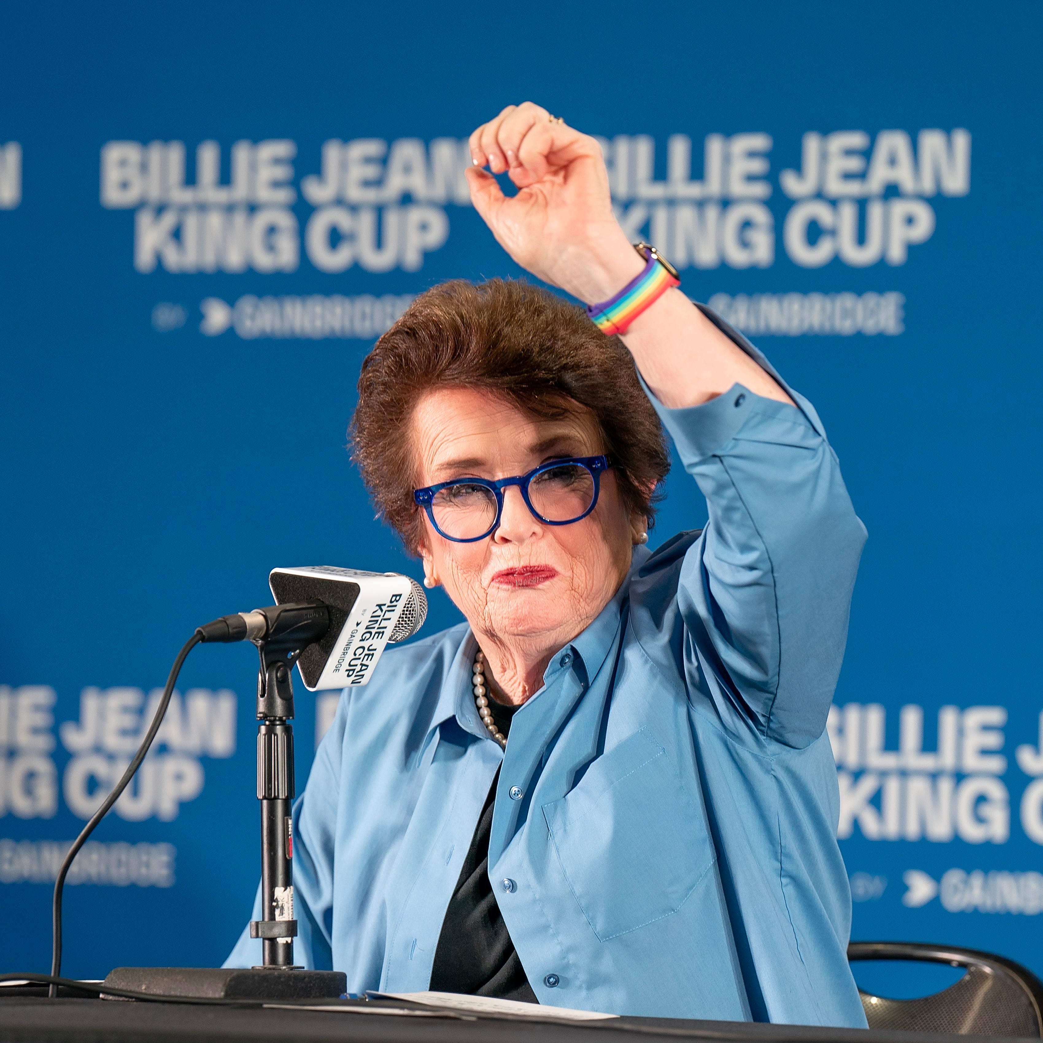 Apr 14, 2023; Delray Beach, FL, USA; Billie Jean King speaks to the press at the Billie Jean King Cup tie at Delray Beach Tennis Center. Mandatory Credit: Susan Mullane-USA TODAY Sports