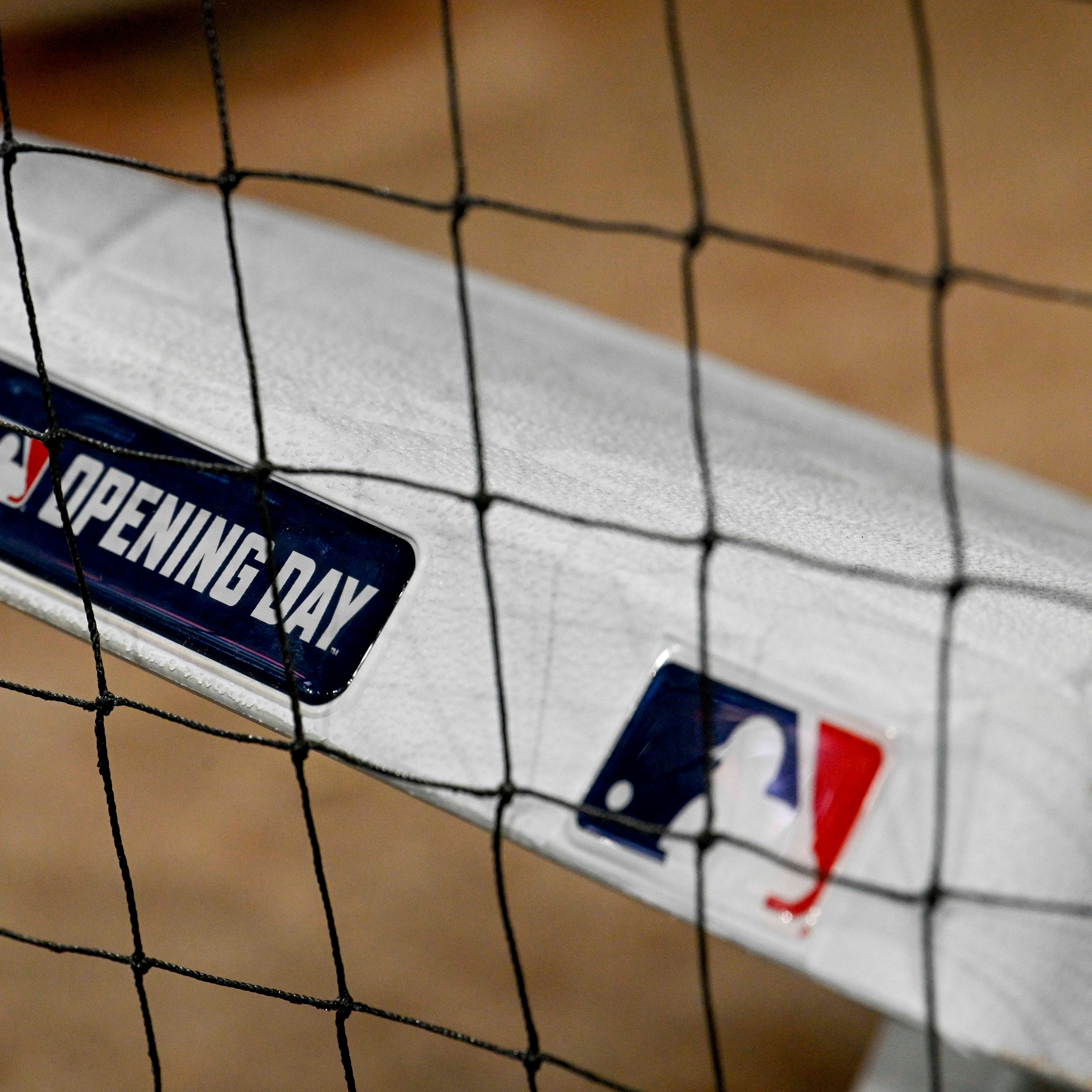 Mar 30, 2023; Arlington, Texas, USA; A view of a base and the MLB Opening Day logo during the game between the Texas Rangers and the Philadelphia Phillies at Globe Life Field. Mandatory Credit: Jerome Miron-USA TODAY Sports