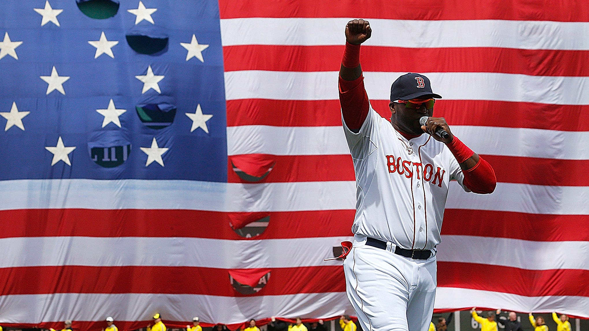 David Ortiz speaks during a pre-game ceremony at Fenway Park on April 20, 2013.