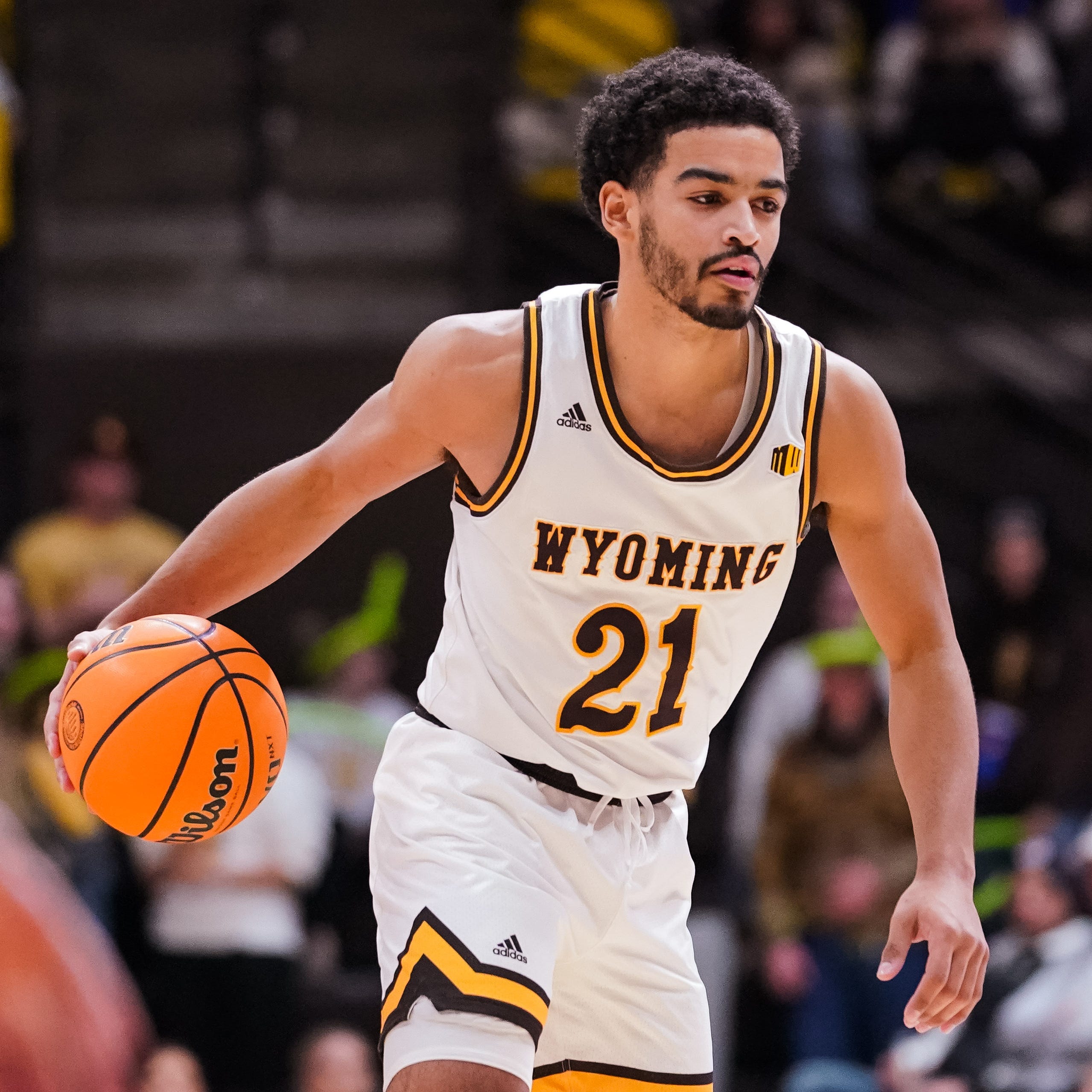 Jan 31, 2023; Laramie, Wyoming, USA; Wyoming Cowboys guard Noah Reynolds (21) dribbles the ball against the Fresno State Bulldogs during the second half against at Arena-Auditorium. Mandatory Credit: Troy Babbitt-USA TODAY Sports